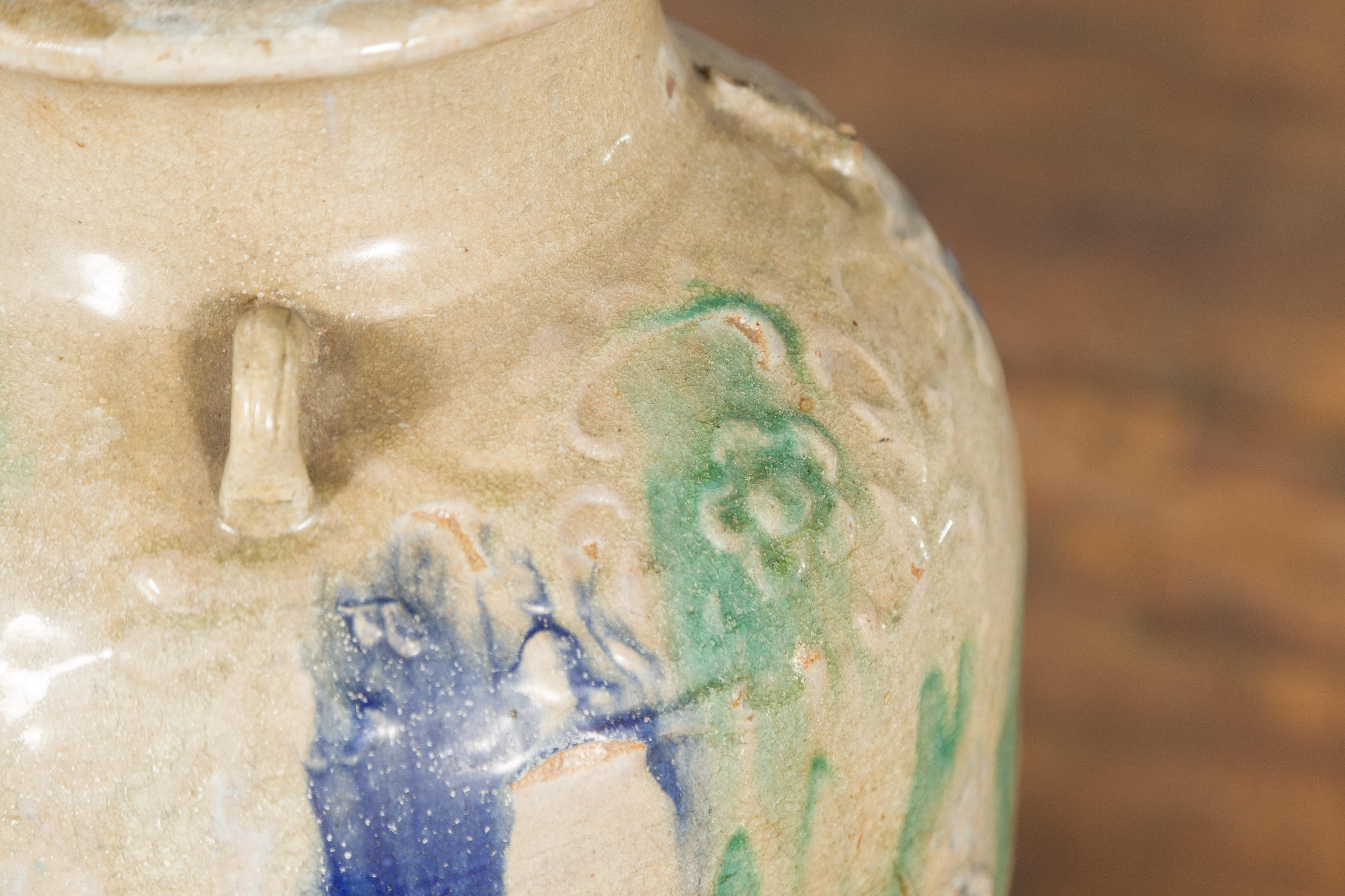 Antique Annamese 19th Century Storage Vessel with Green and Blue Glazed Effects For Sale 7