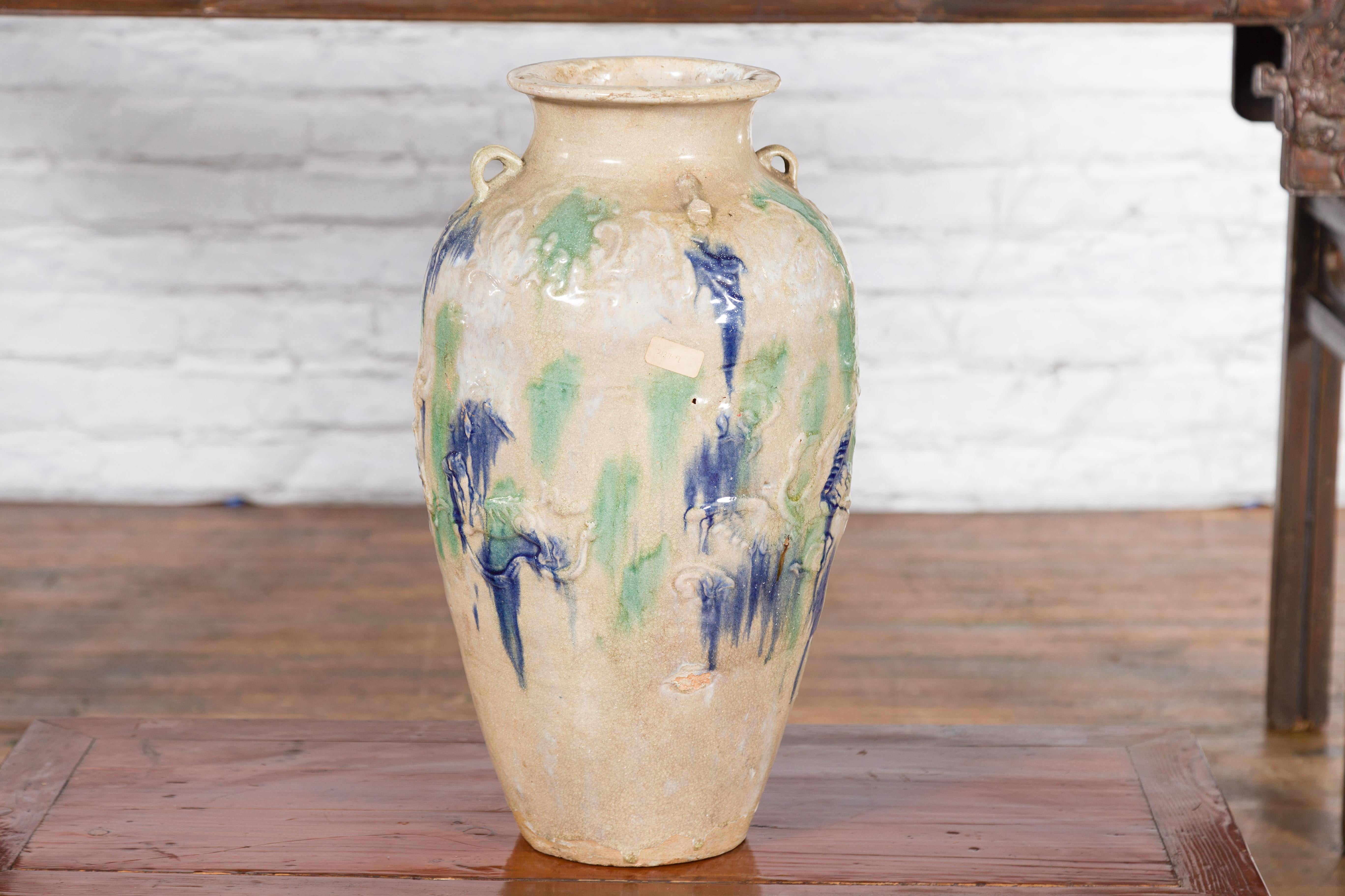 Antique Annamese 19th Century Storage Vessel with Green and Blue Glazed Effects For Sale 8