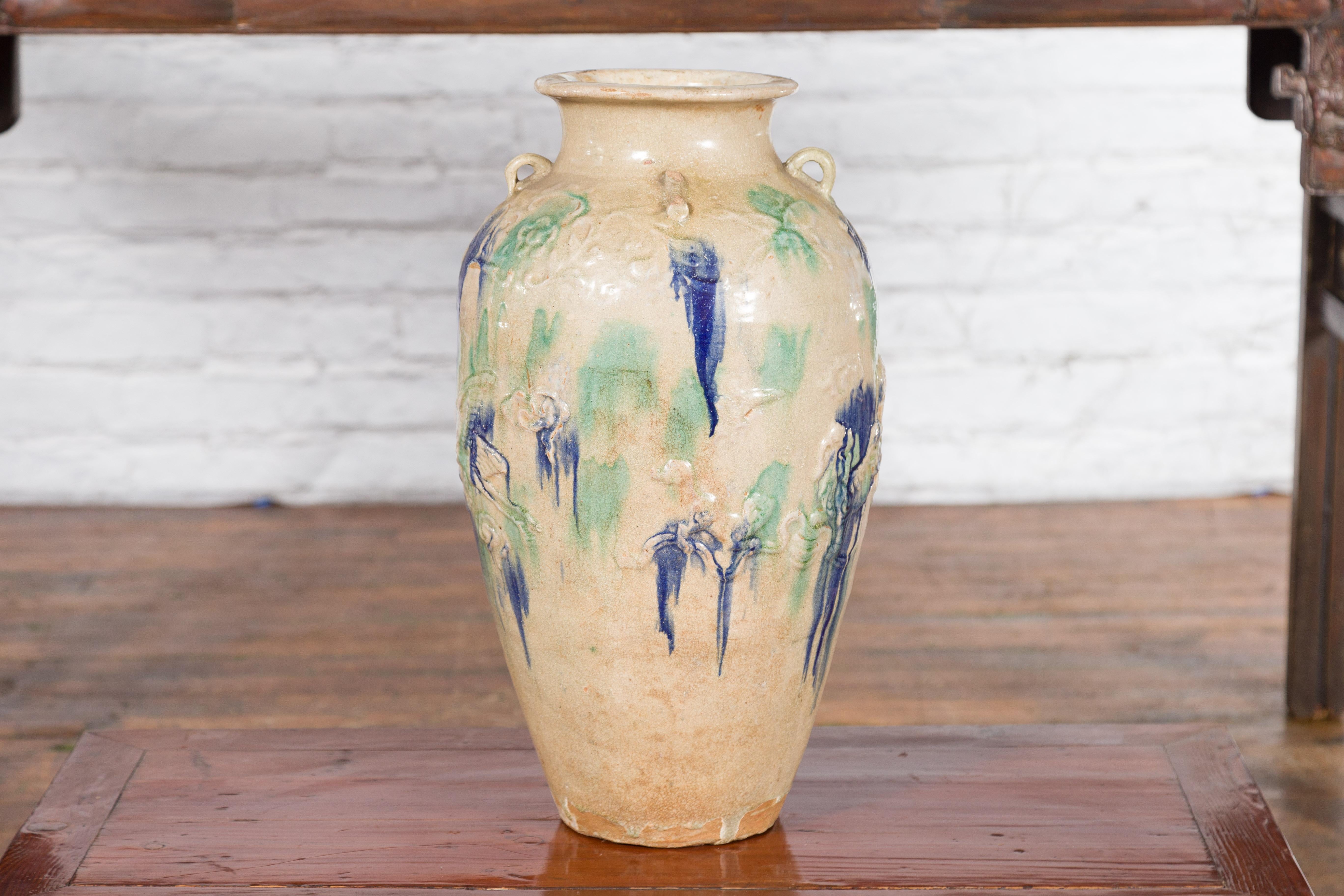 Vietnamese Antique Annamese 19th Century Storage Vessel with Green and Blue Glazed Effects For Sale