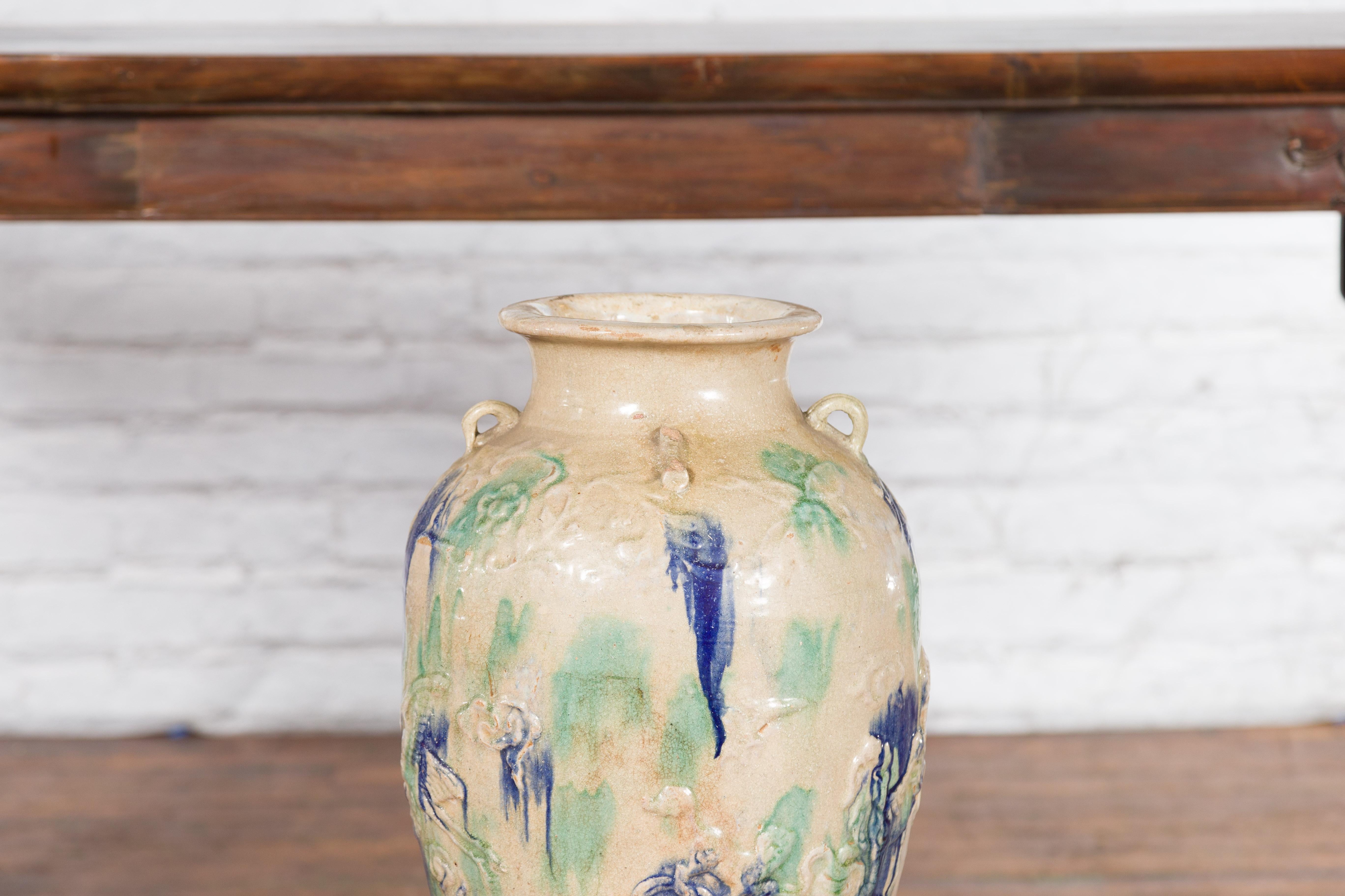 Antique Annamese 19th Century Storage Vessel with Green and Blue Glazed Effects In Good Condition For Sale In Yonkers, NY