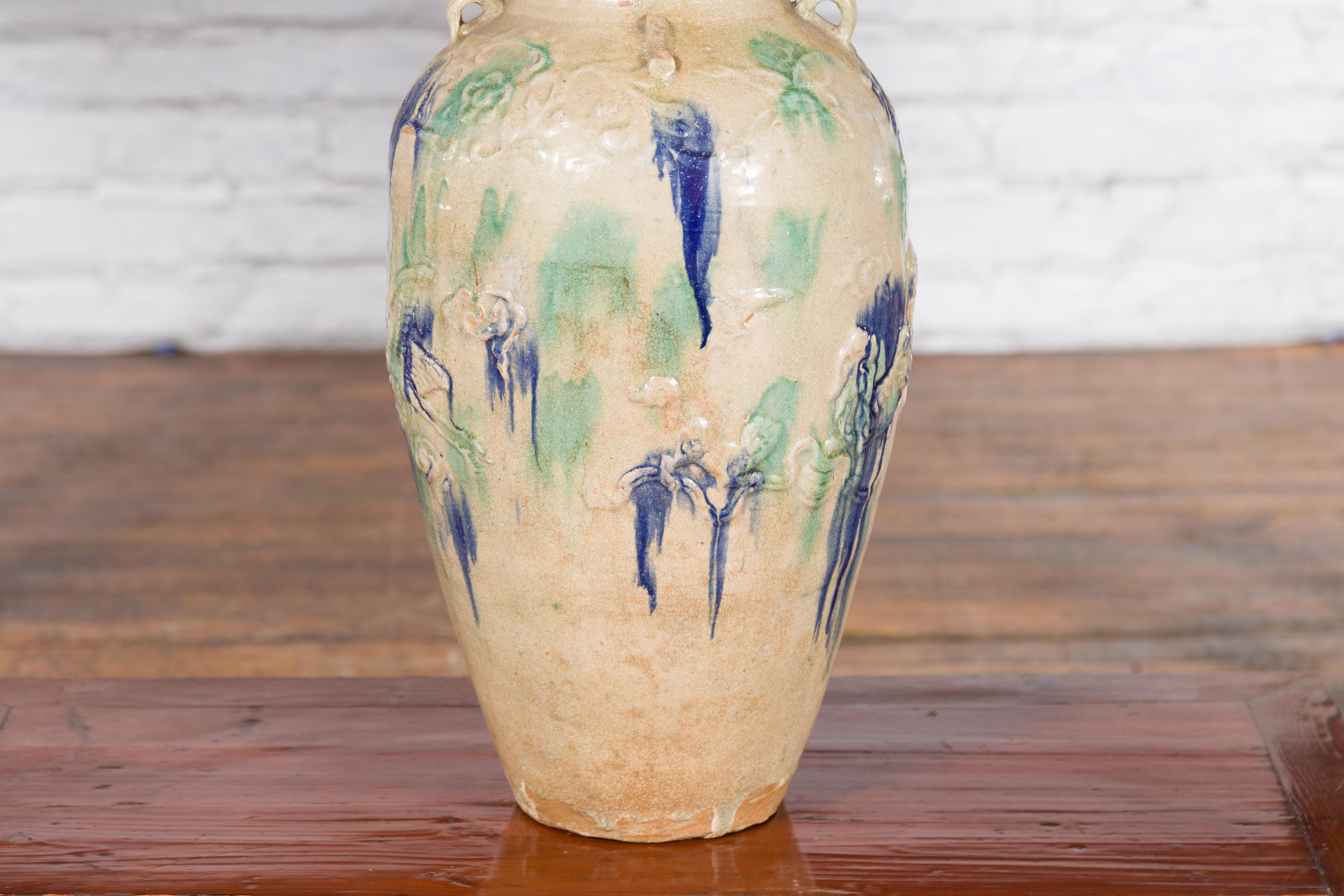 Ceramic Antique Annamese 19th Century Storage Vessel with Green and Blue Glazed Effects For Sale
