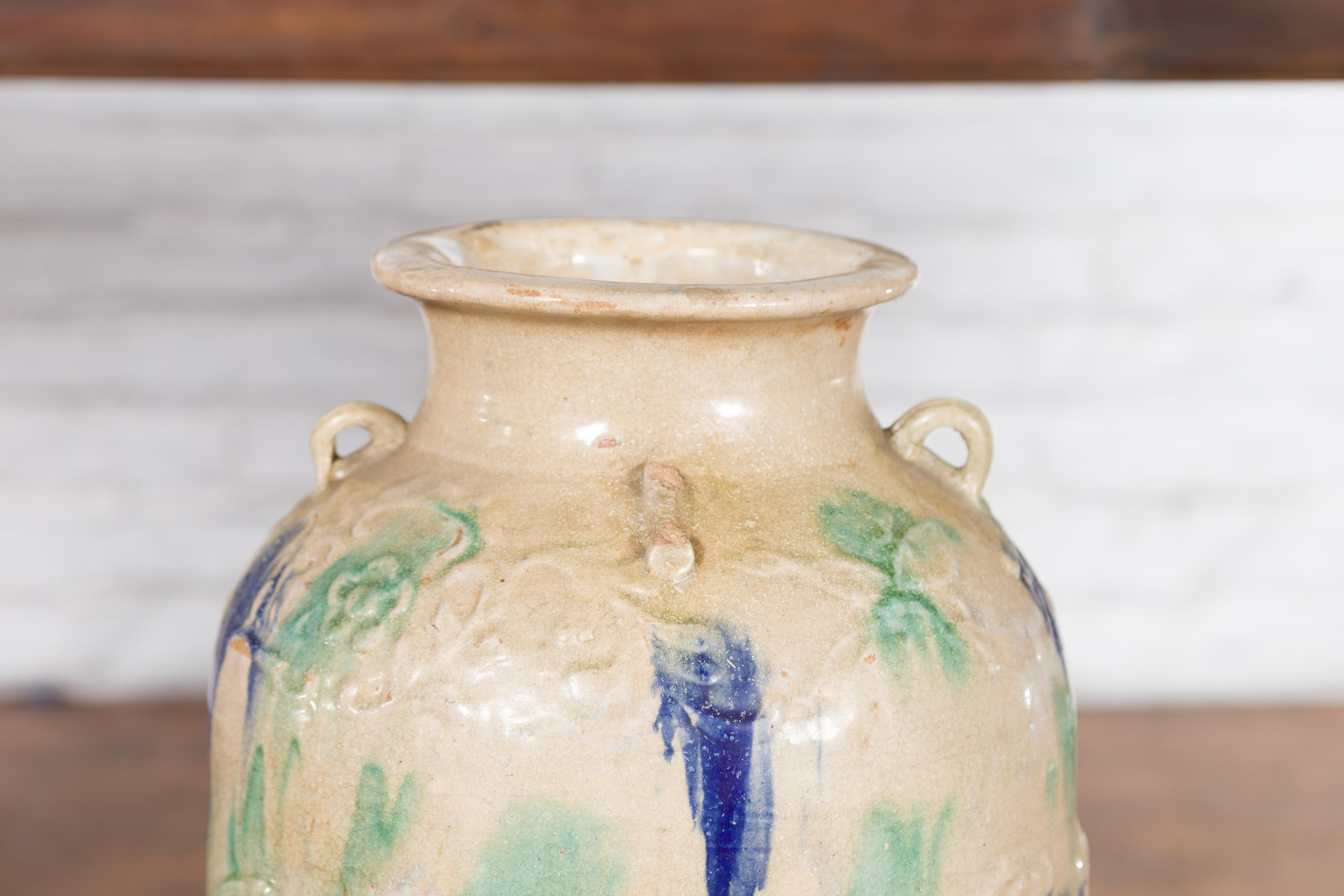Antique Annamese 19th Century Storage Vessel with Green and Blue Glazed Effects For Sale 1