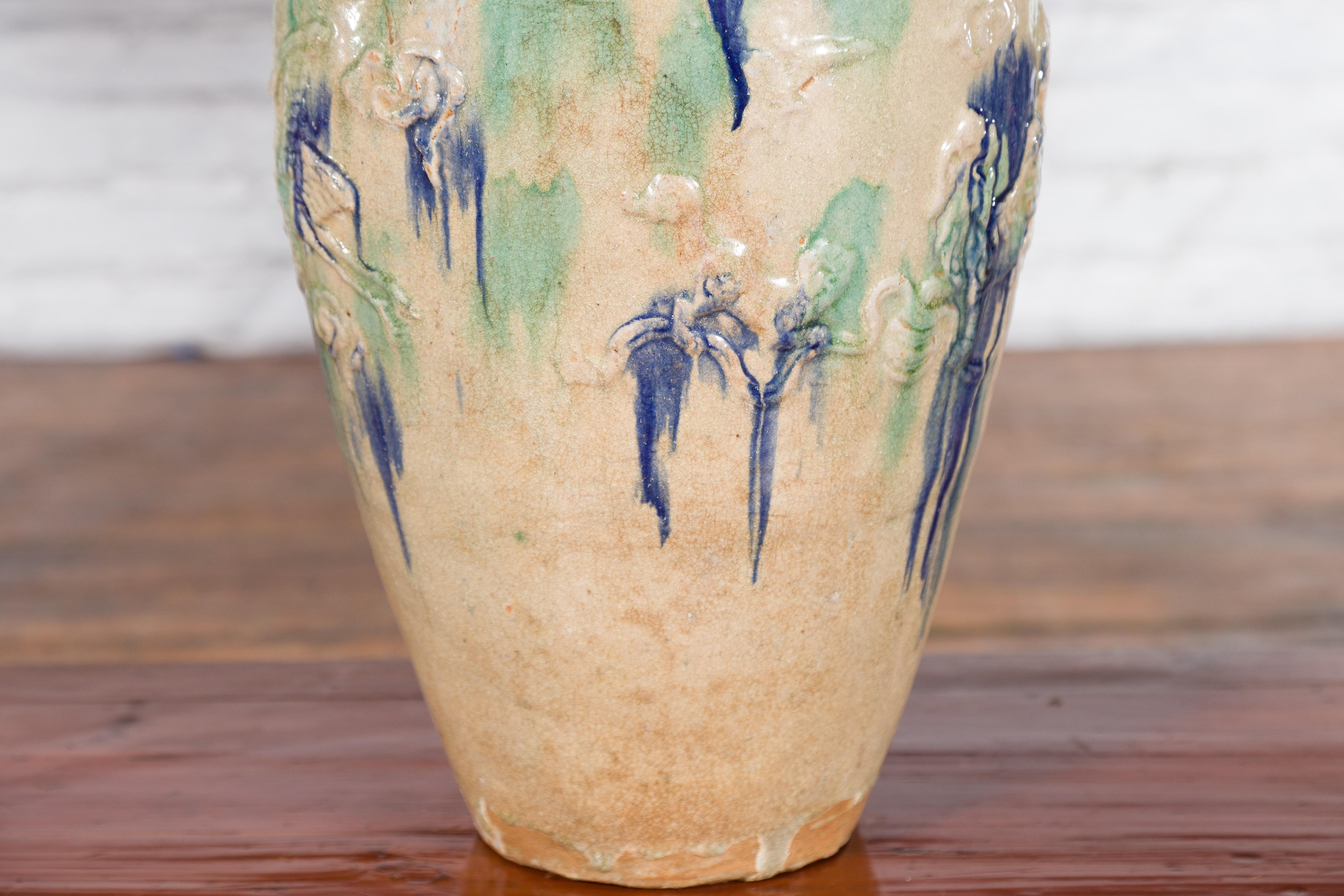 Antique Annamese 19th Century Storage Vessel with Green and Blue Glazed Effects For Sale 2