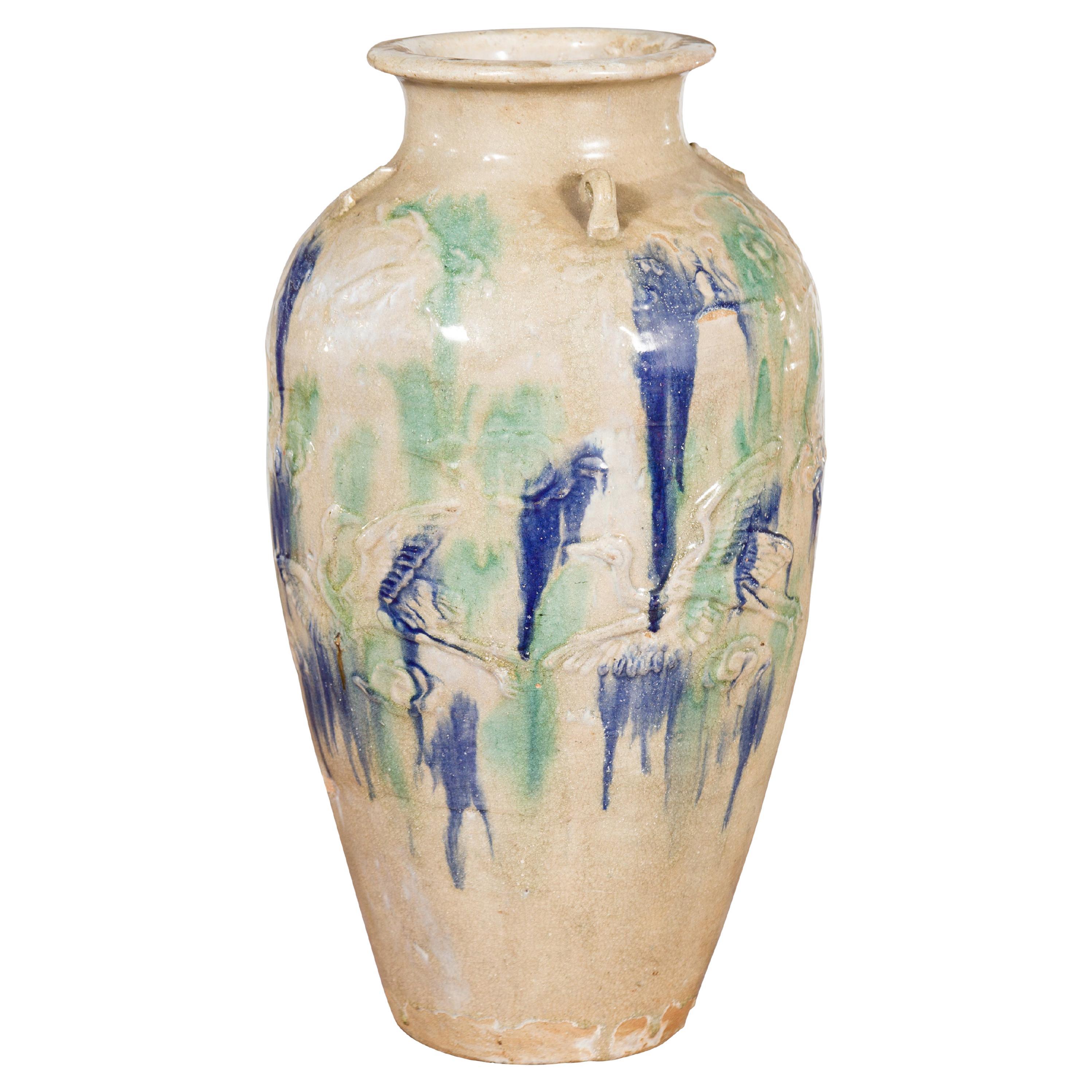 Vase de rangement antique Annamese du 19ème siècle avec effets émaillés verts et bleus