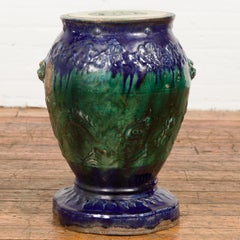 Antique Annamese Blue and Green Glazed Ceramic Garden Seat on Shaped Base