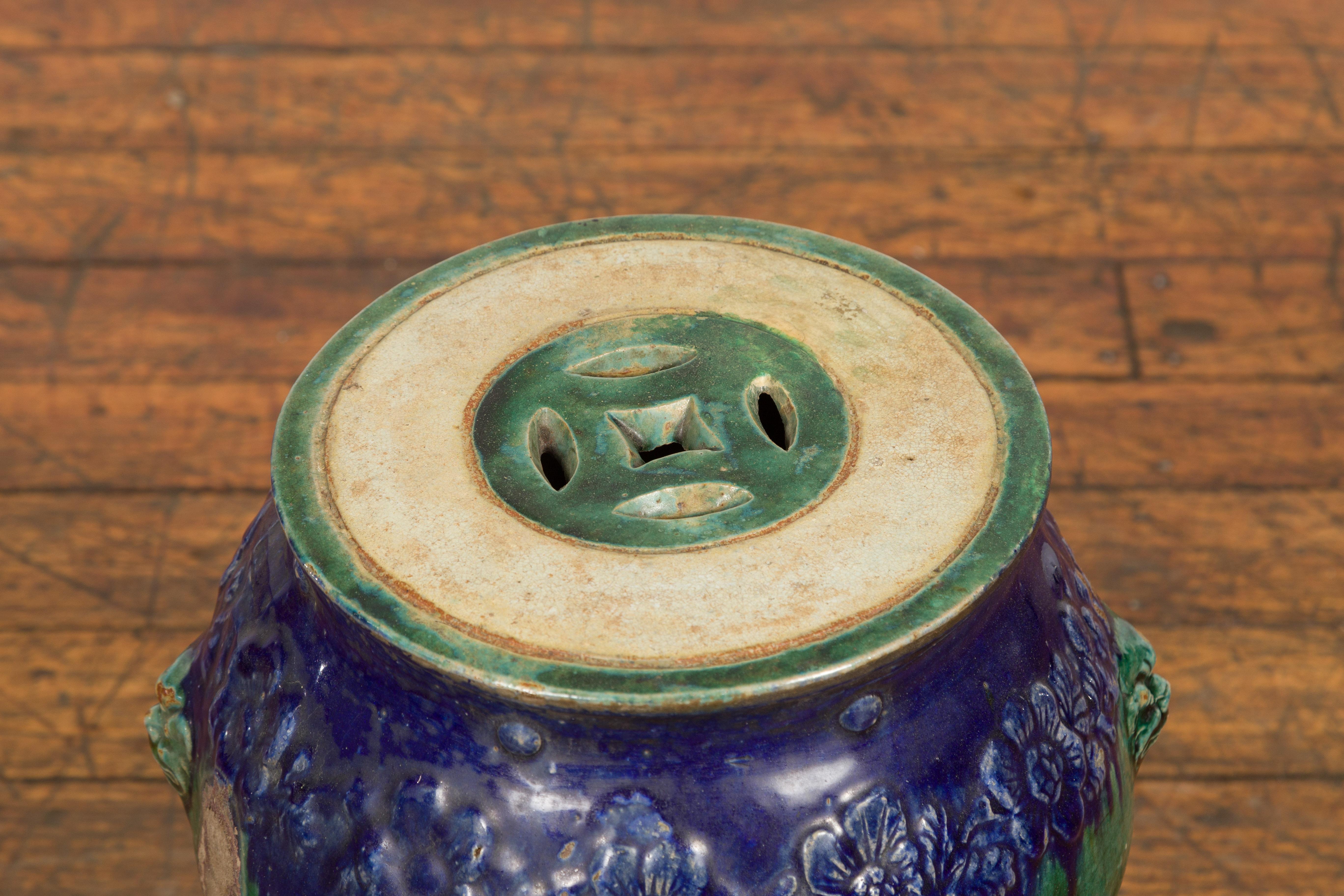 19th Century Antique Annamese Blue and Green Glazed Ceramic Garden Seat on Shaped Base For Sale