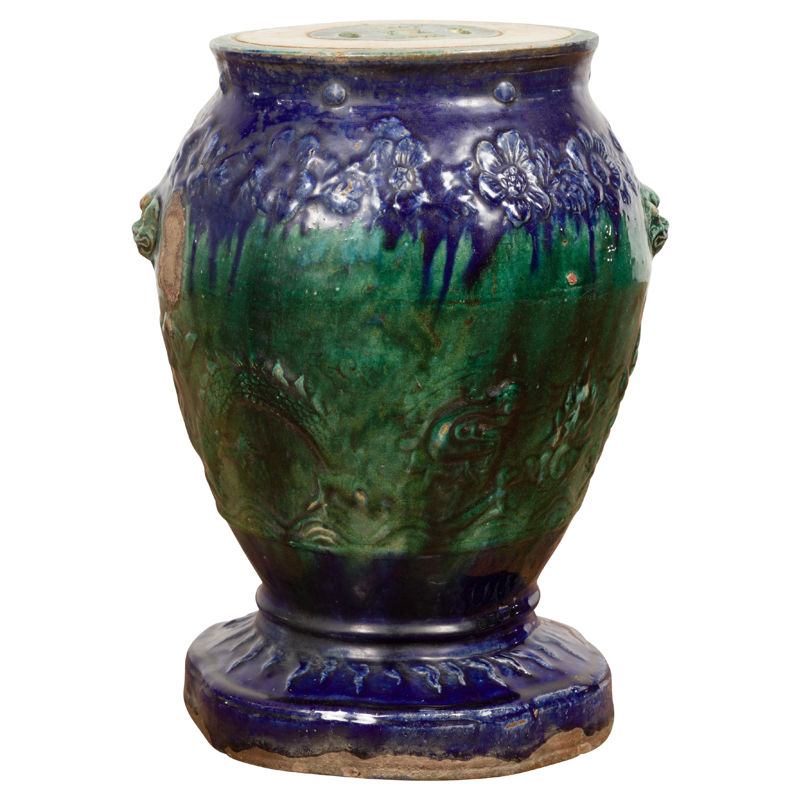 Siège de jardin antique en céramique émaillée bleue et verte Annamese sur base façonnée