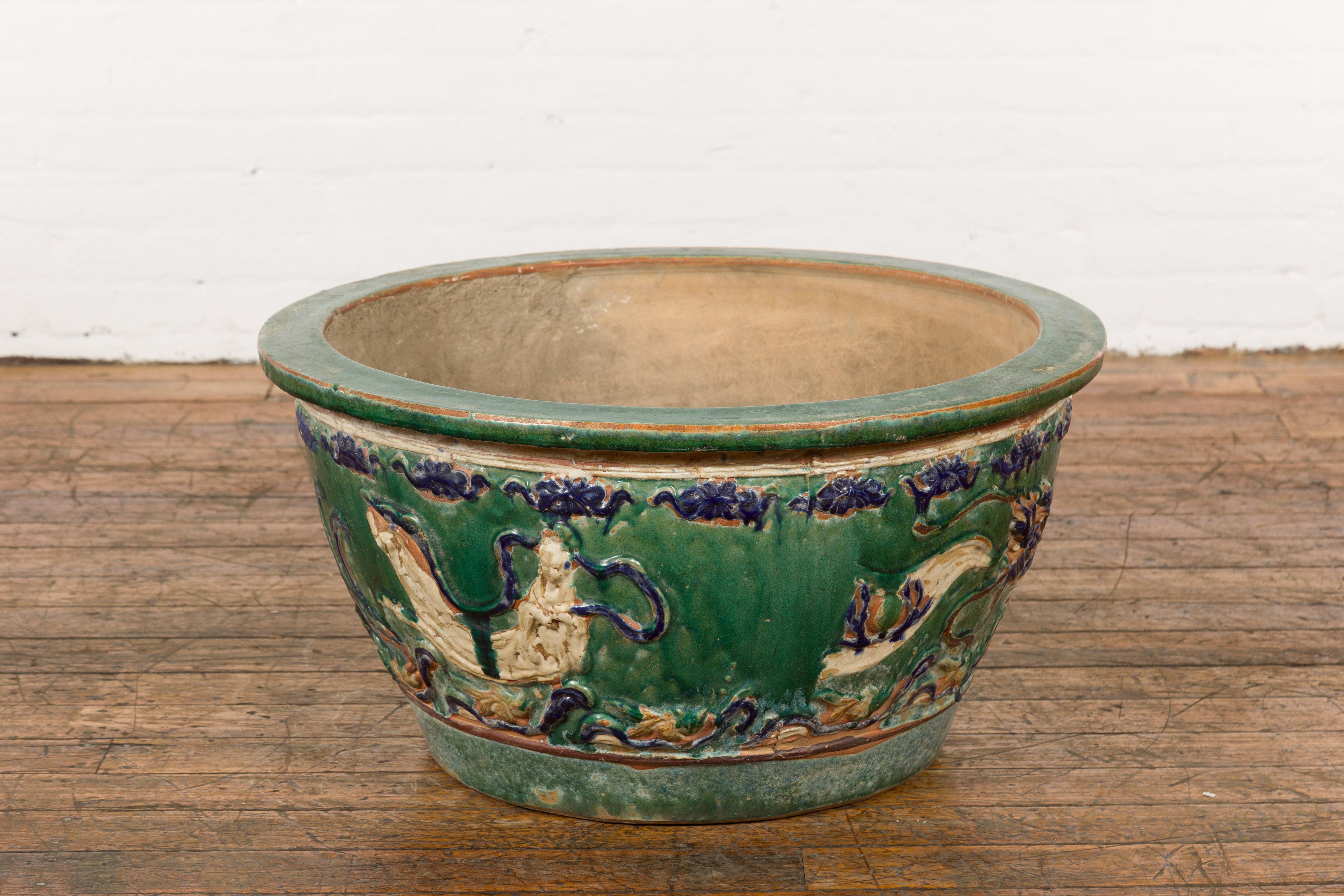 Large Green Antique Ceramic Planter with Blue Dragon Design 4