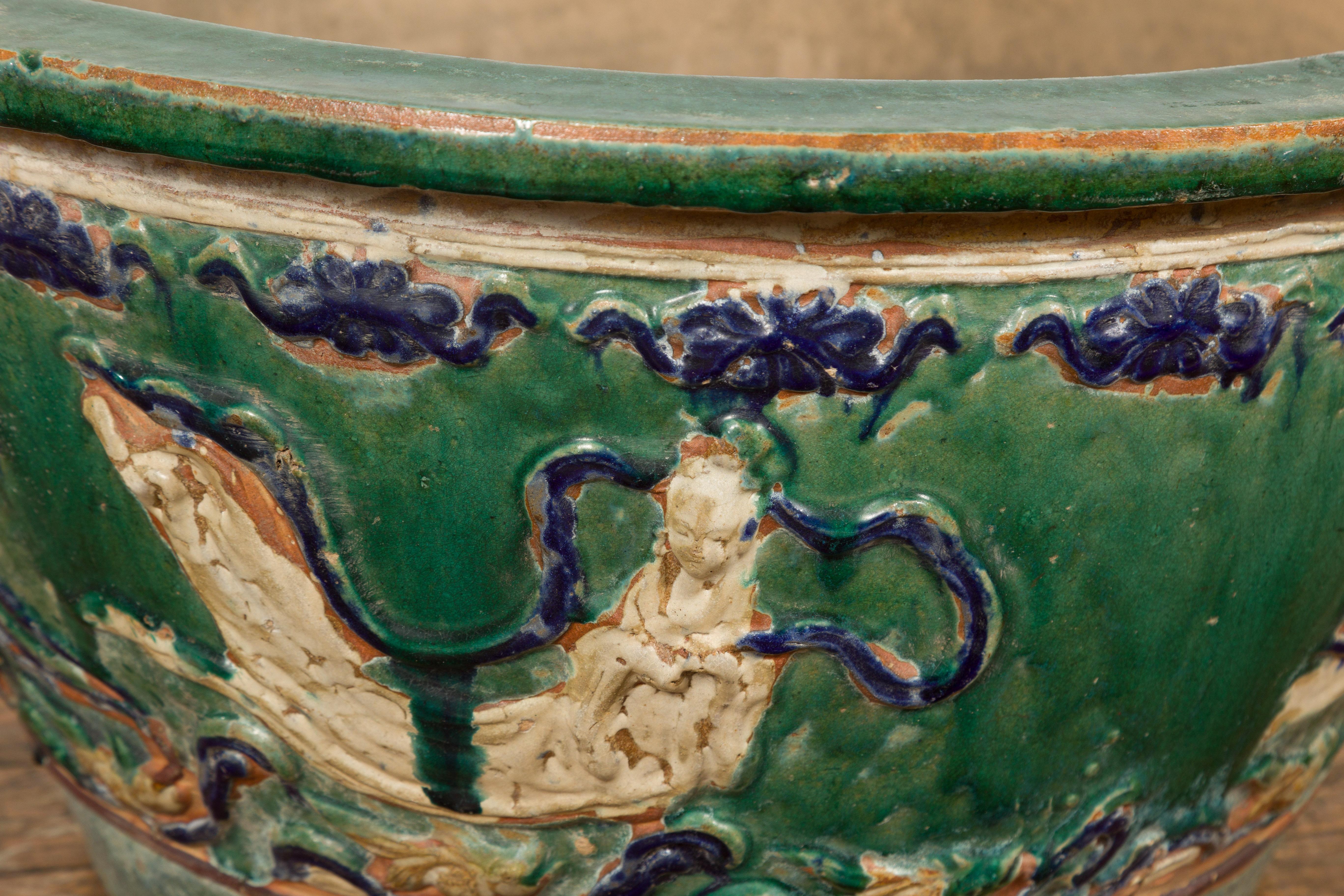 Large Green Antique Ceramic Planter with Blue Dragon Design 5
