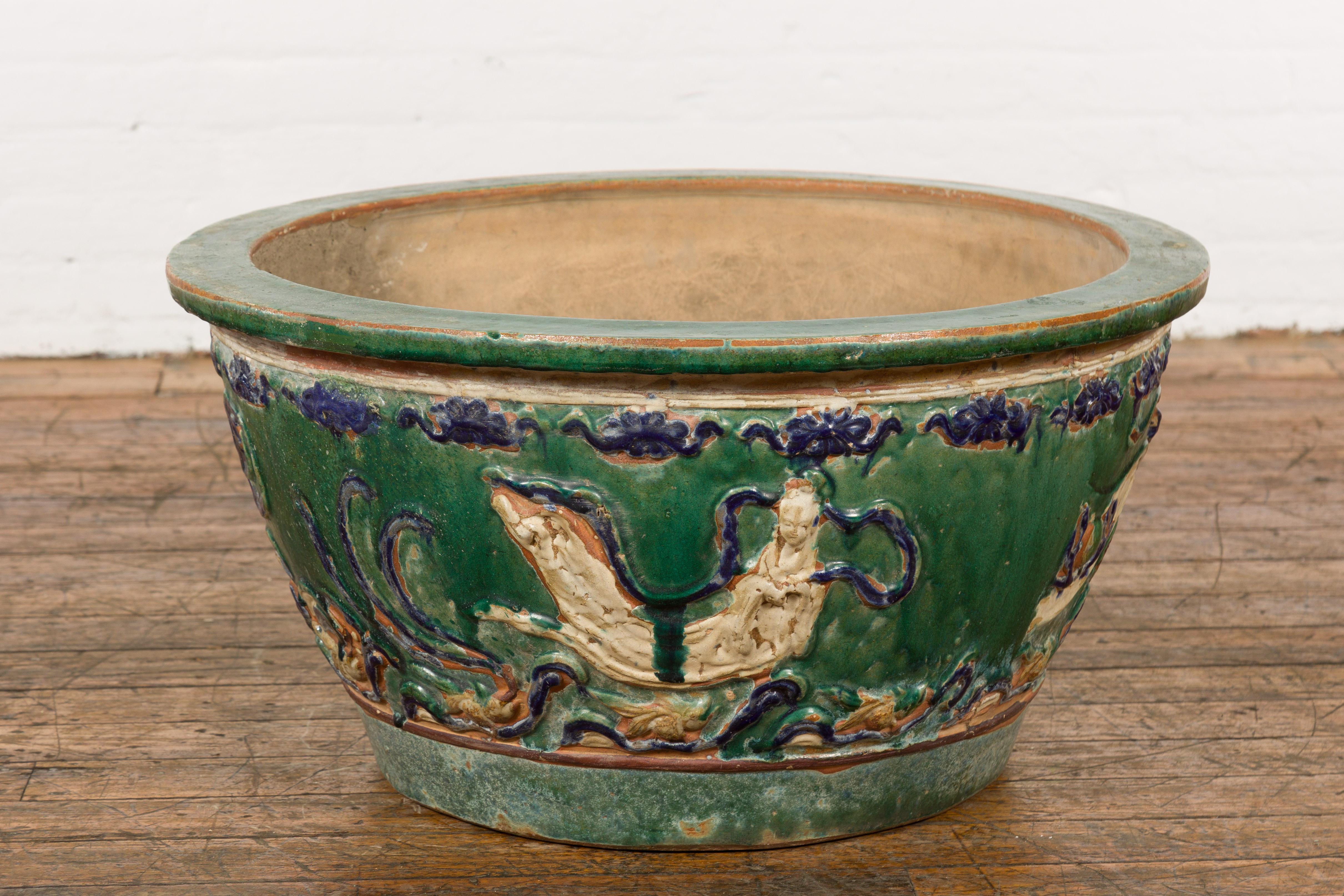 Large Green Antique Ceramic Planter with Blue Dragon Design 6