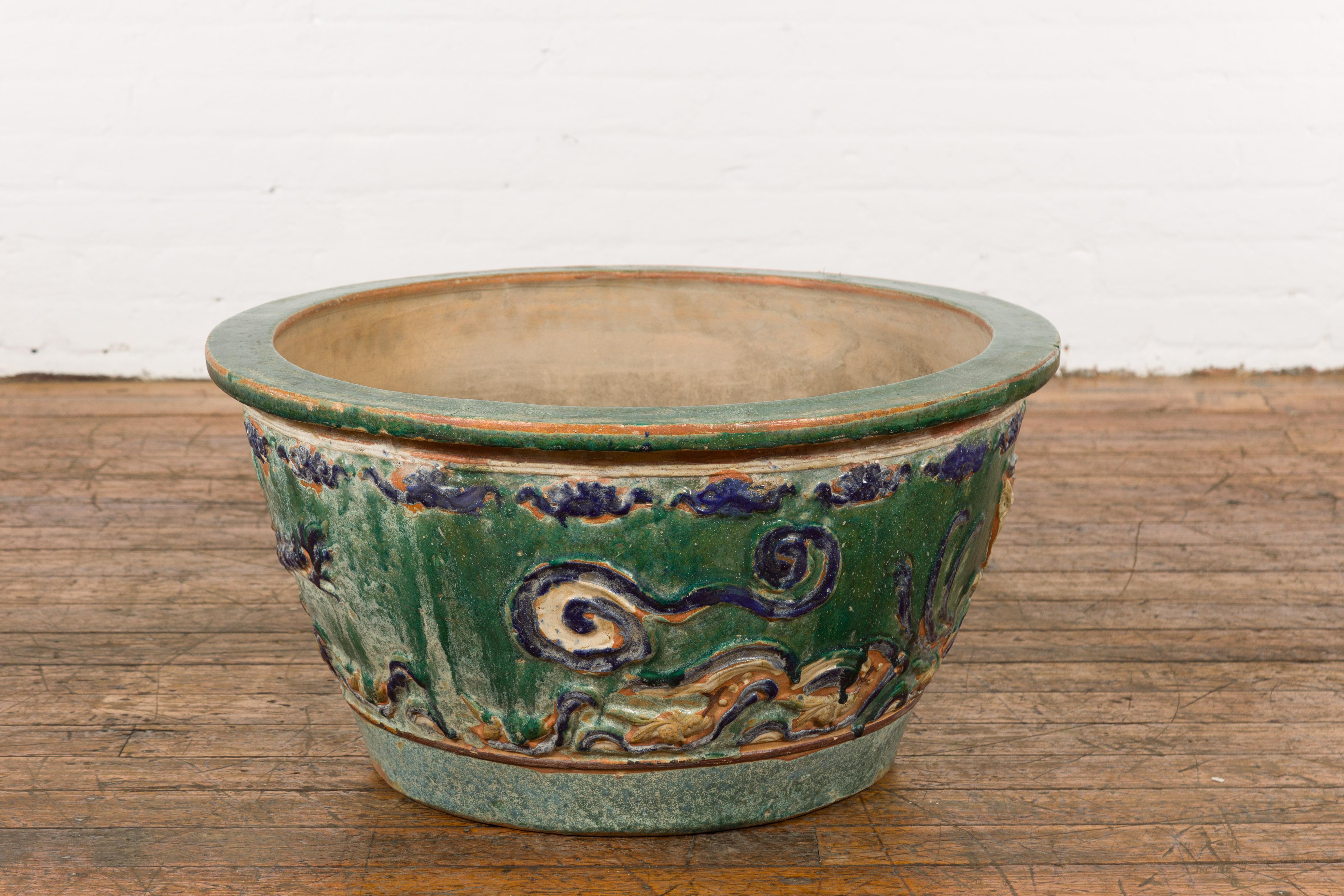 Large Green Antique Ceramic Planter with Blue Dragon Design 7