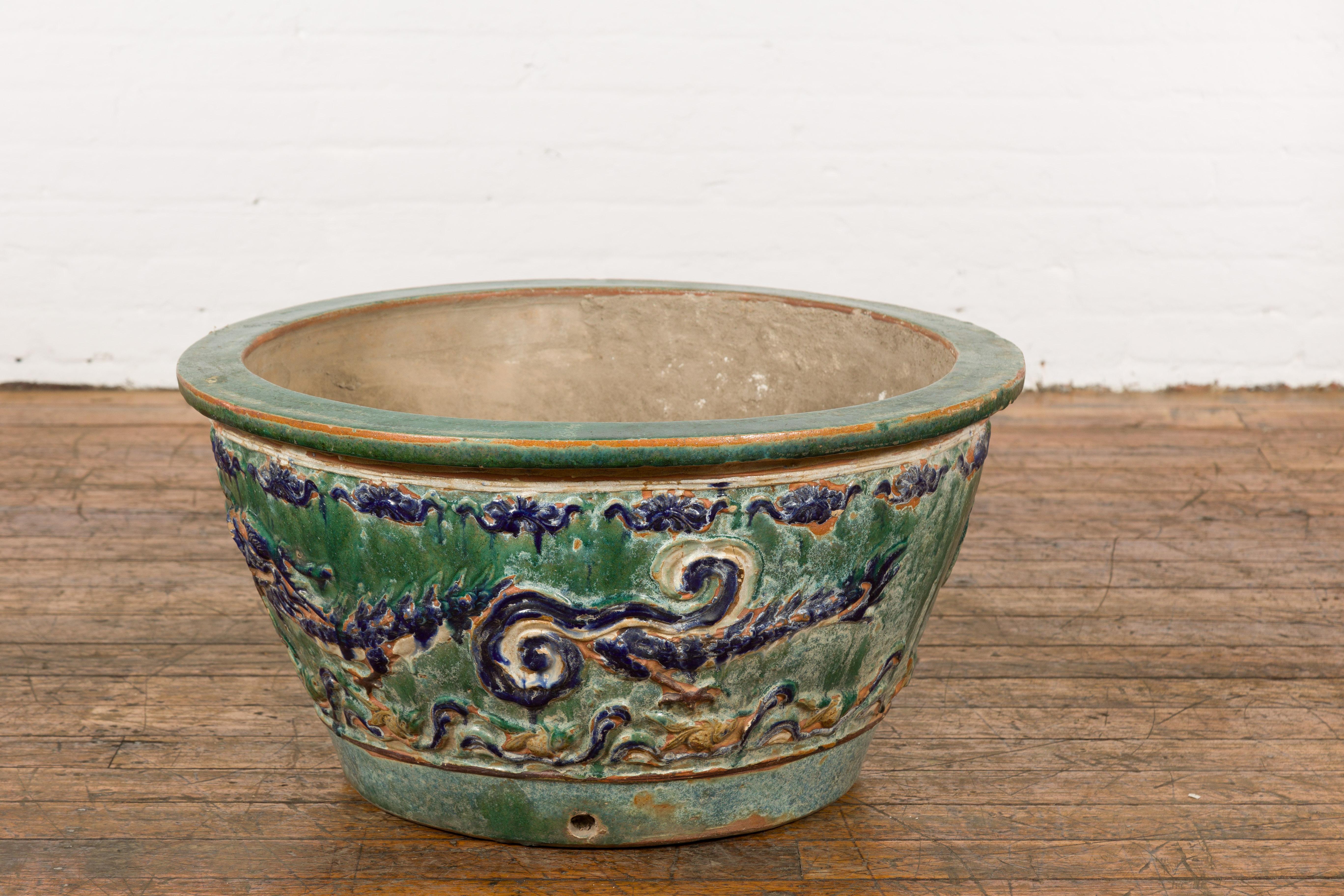 Large Green Antique Ceramic Planter with Blue Dragon Design 8