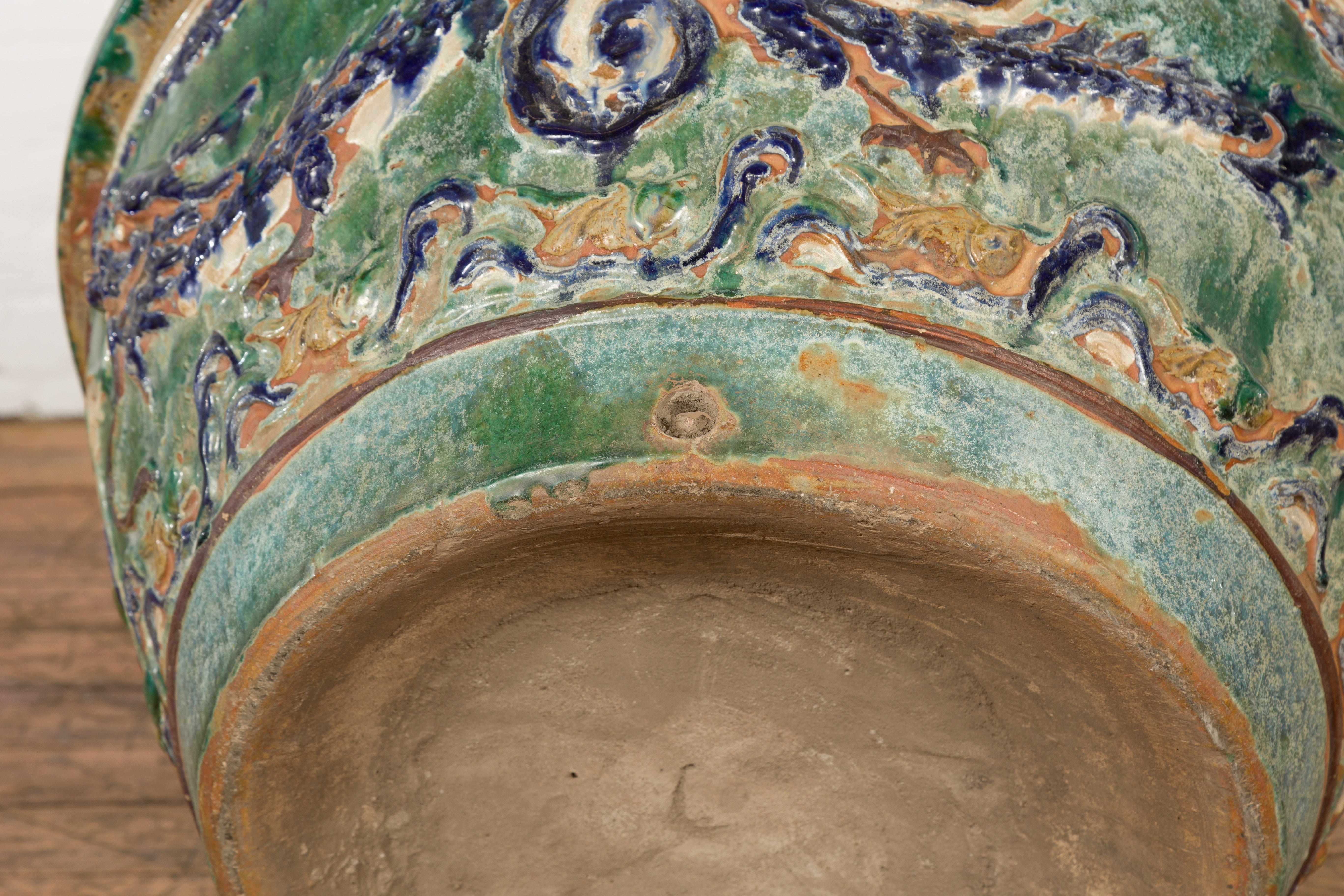 Large Green Antique Ceramic Planter with Blue Dragon Design 10