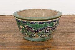Large Green Antique Ceramic Planter with Blue Dragon Design