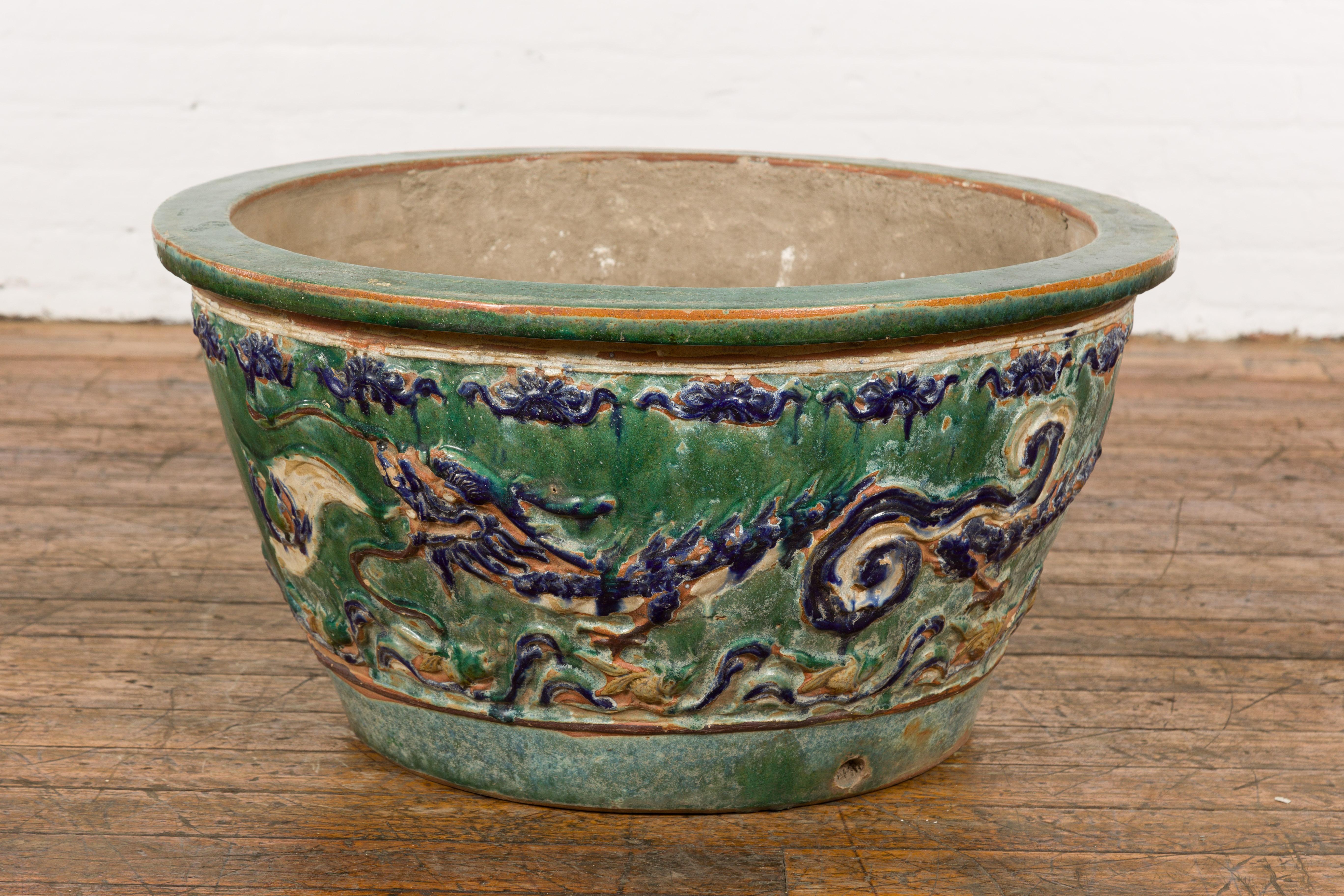 Glazed Large Green Antique Ceramic Planter with Blue Dragon Design