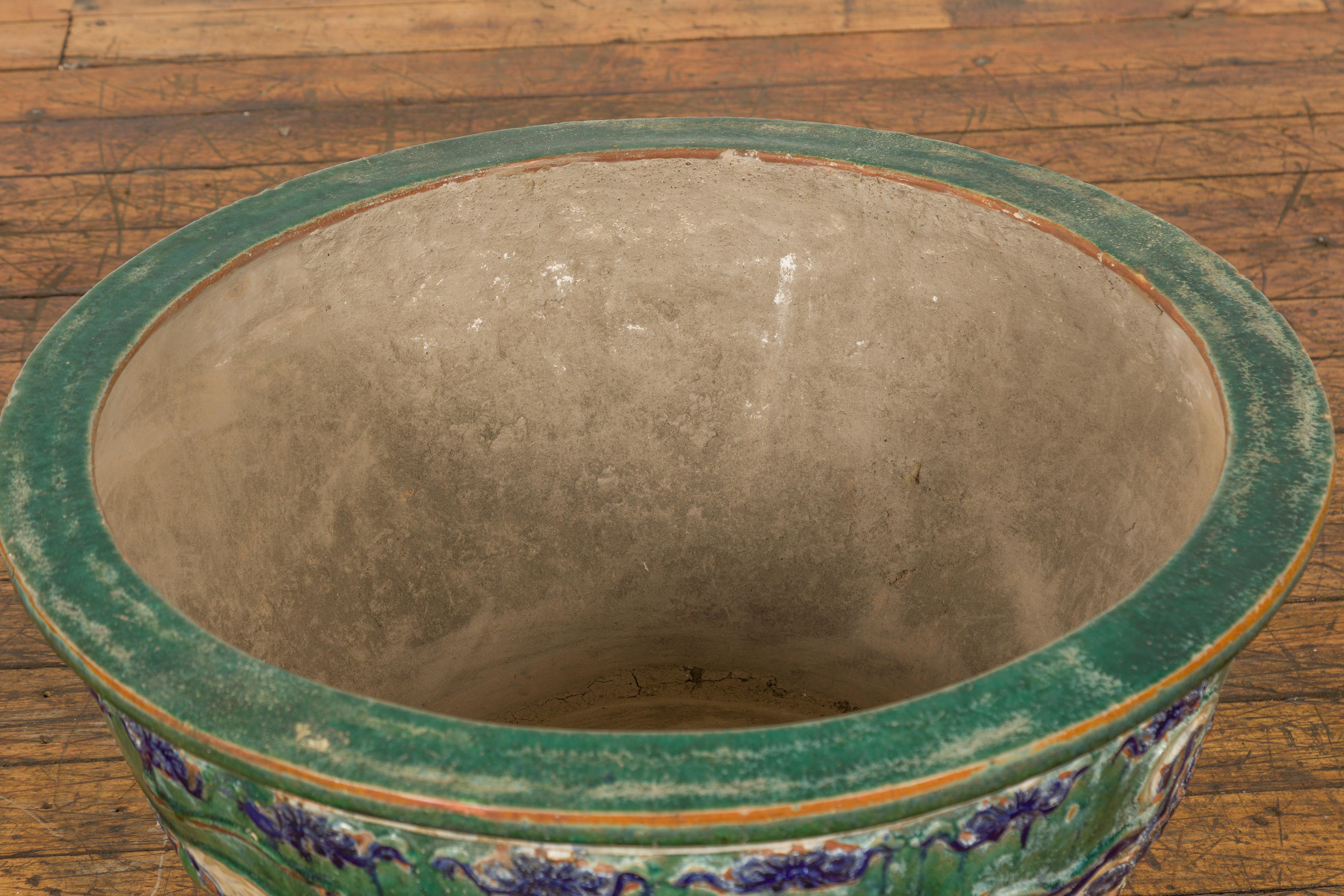 Large Green Antique Ceramic Planter with Blue Dragon Design In Good Condition In Yonkers, NY