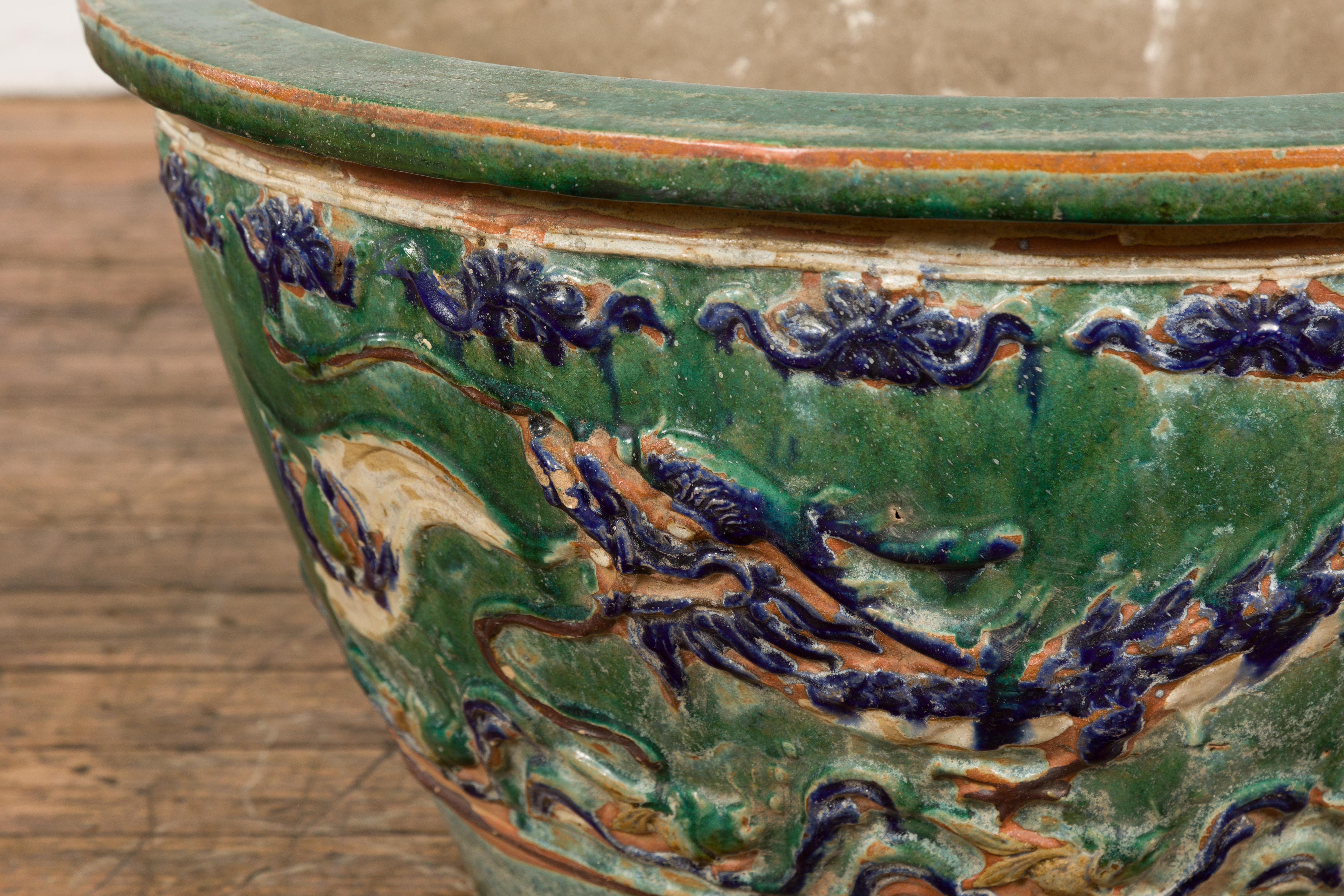 19th Century Large Green Antique Ceramic Planter with Blue Dragon Design