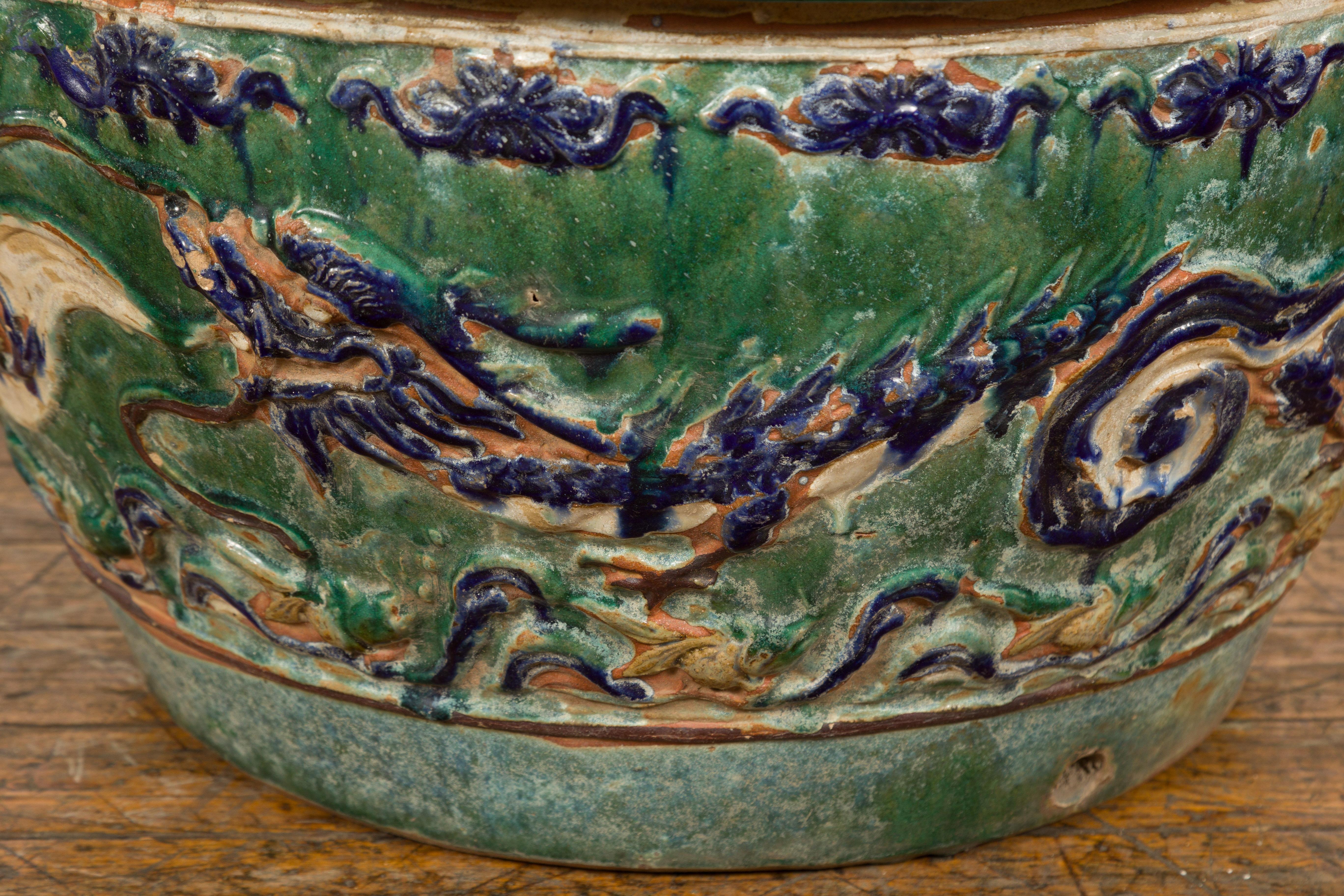 Large Green Antique Ceramic Planter with Blue Dragon Design 1