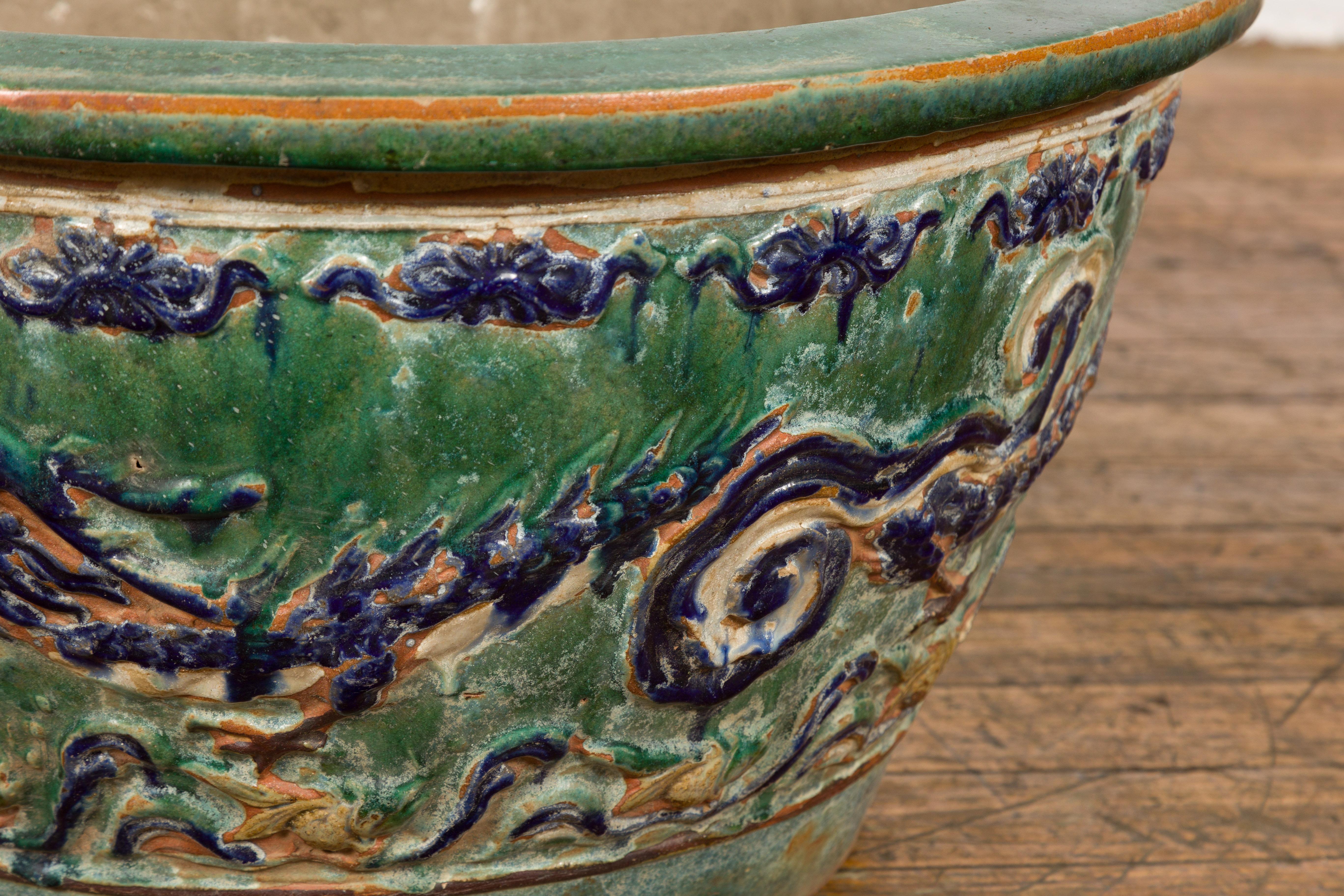 Large Green Antique Ceramic Planter with Blue Dragon Design 2