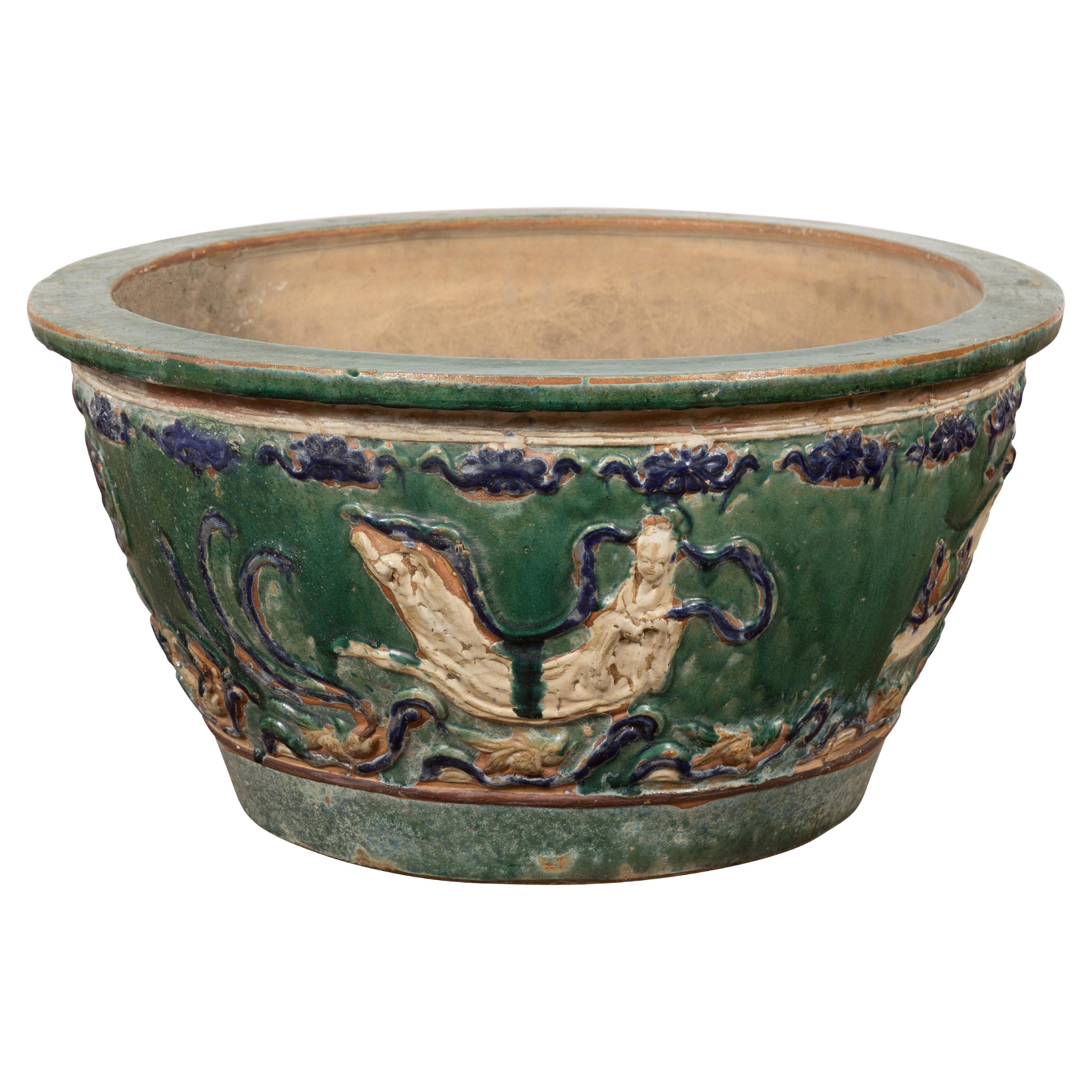 Large Green Antique Ceramic Planter with Blue Dragon Design