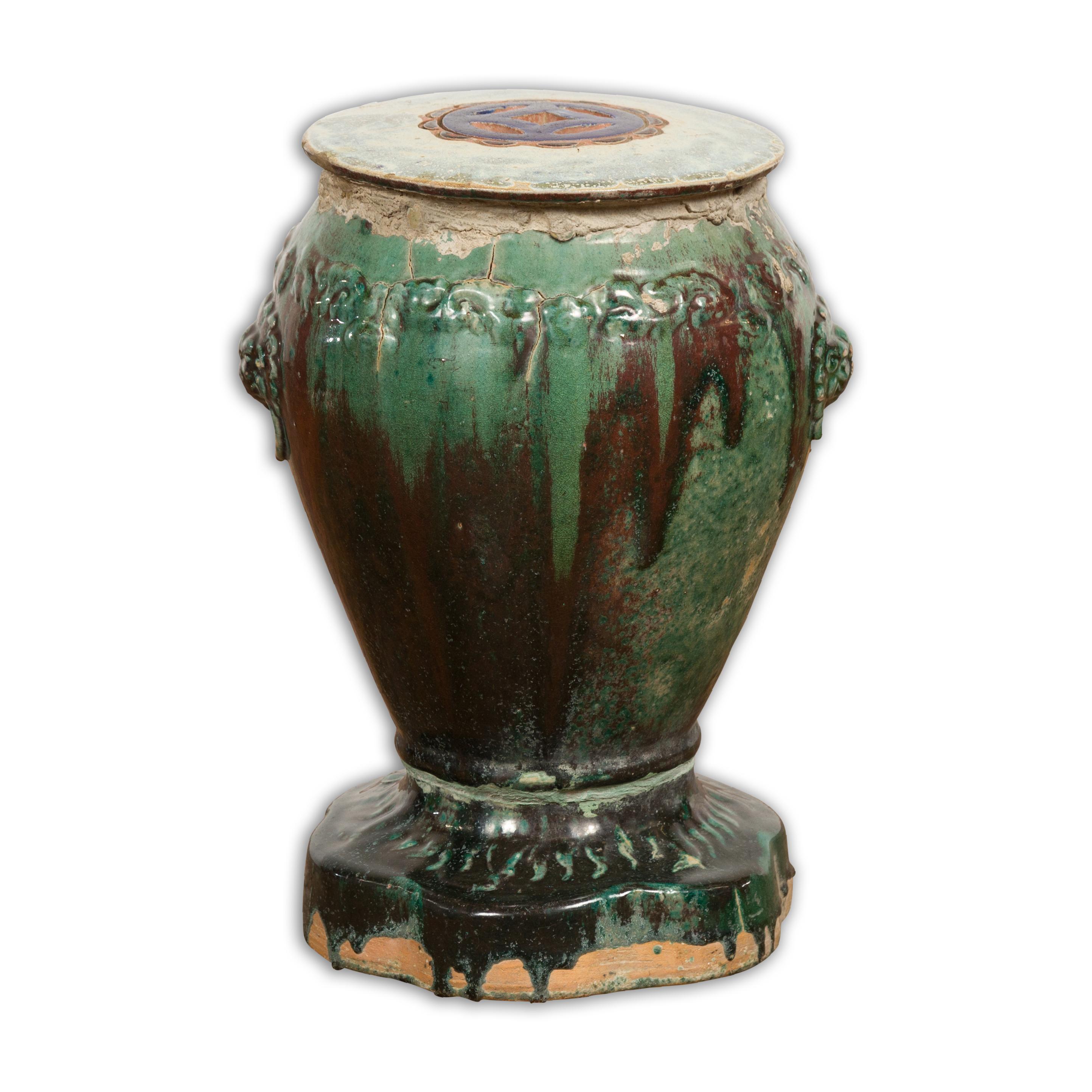 Siège de jardin antique en céramique émaillée verte et brune Annamese sur base façonnée en vente 9