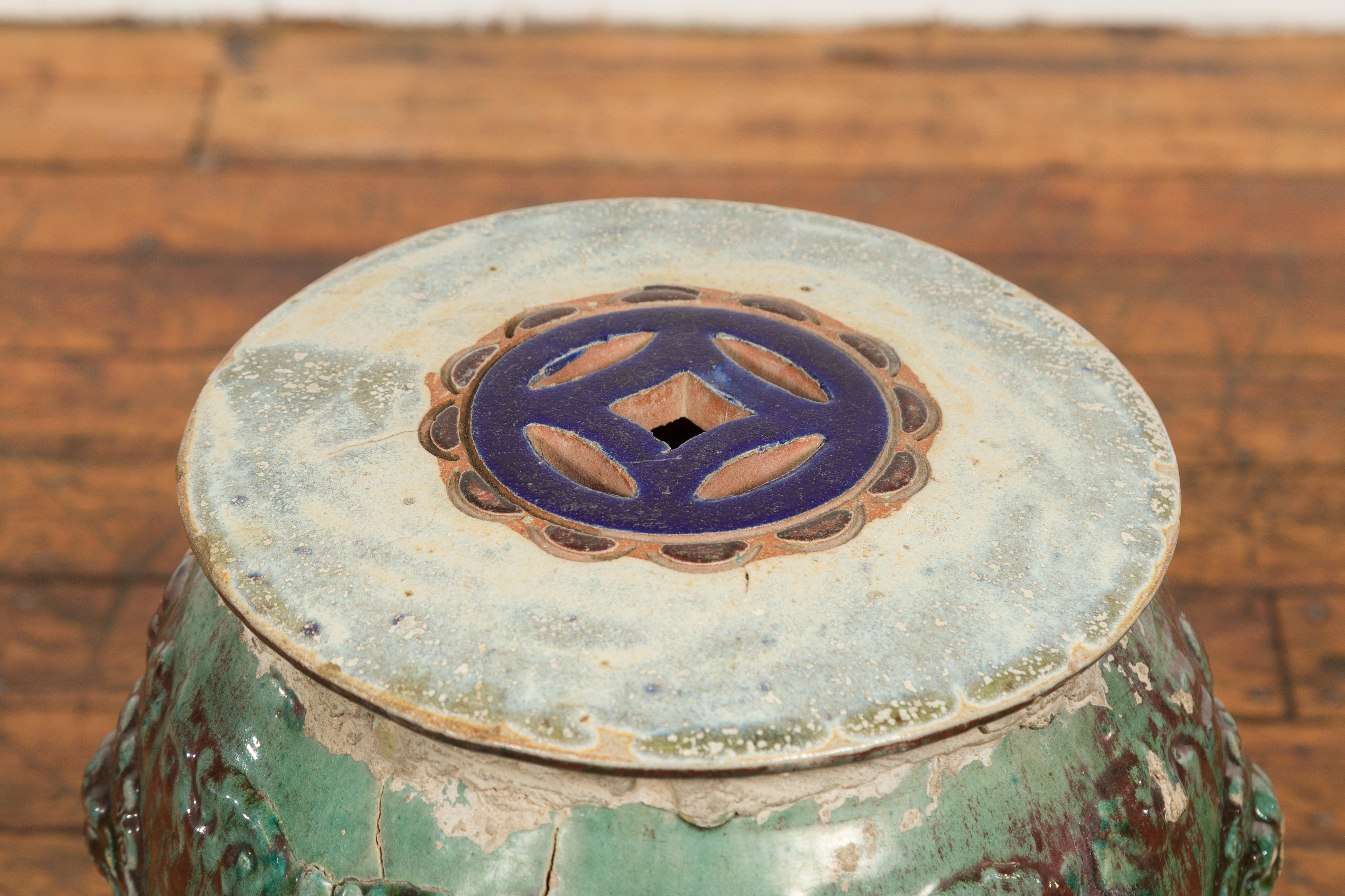 19th Century Antique Annamese Green and Brown Glazed Ceramic Garden Seat on Shaped Base For Sale