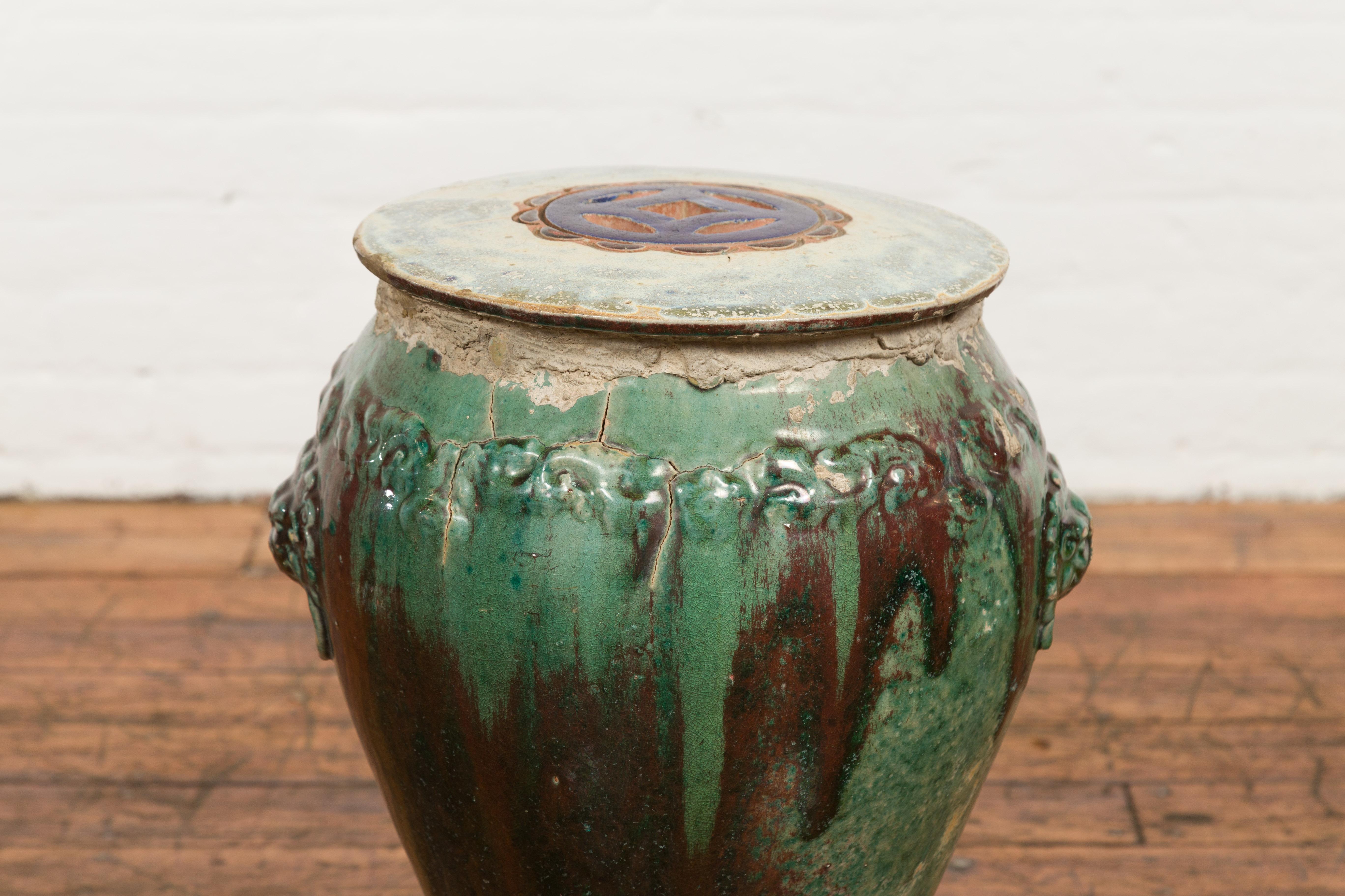 XIXe siècle Siège de jardin antique en céramique émaillée verte et brune Annamese sur base façonnée en vente