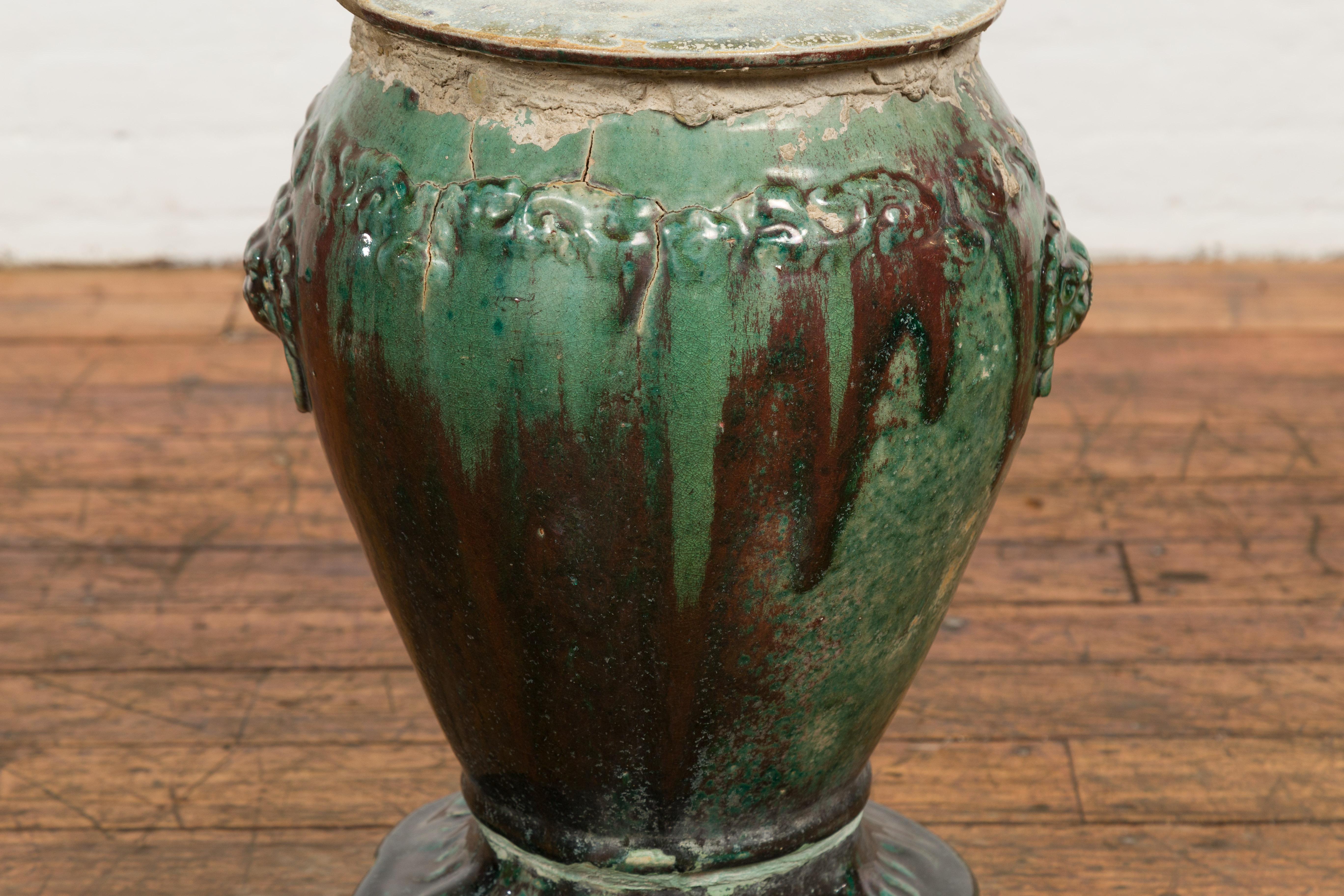Siège de jardin antique en céramique émaillée verte et brune Annamese sur base façonnée en vente 1