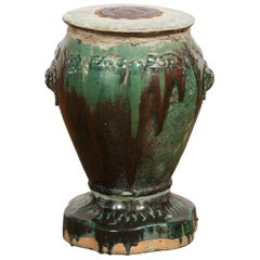 Siège de jardin antique en céramique émaillée verte et brune Annamese sur base façonnée
