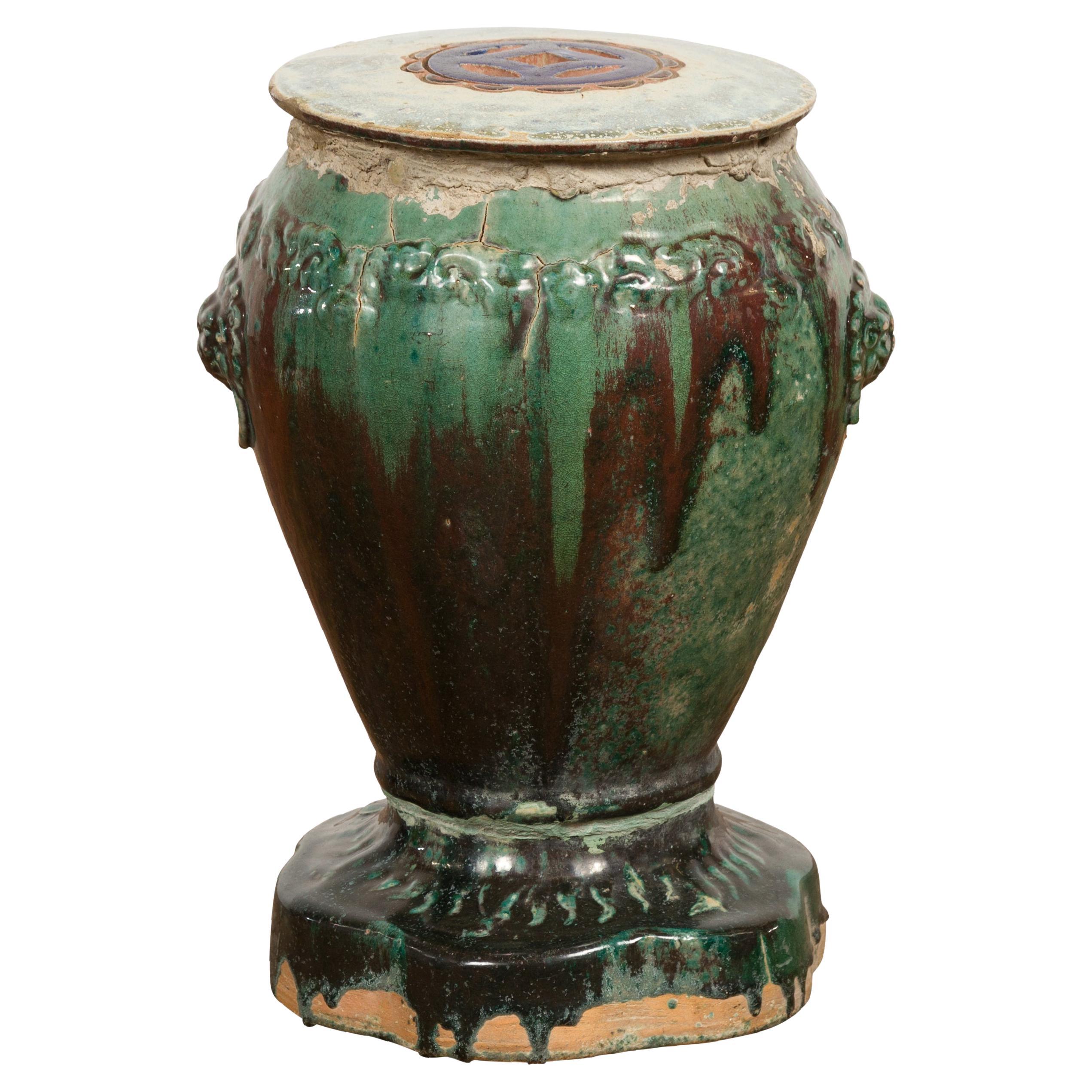 Antique Annamese Green and Brown Glazed Ceramic Garden Seat on Shaped Base For Sale