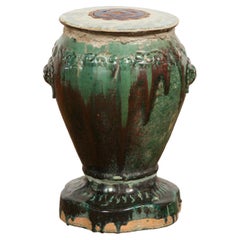 Antique Annamese Green and Brown Glazed Ceramic Garden Seat on Shaped Base