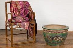 Antique Annamese Green, Blue and Ocher Planter with Dragon and Foliage Motifs