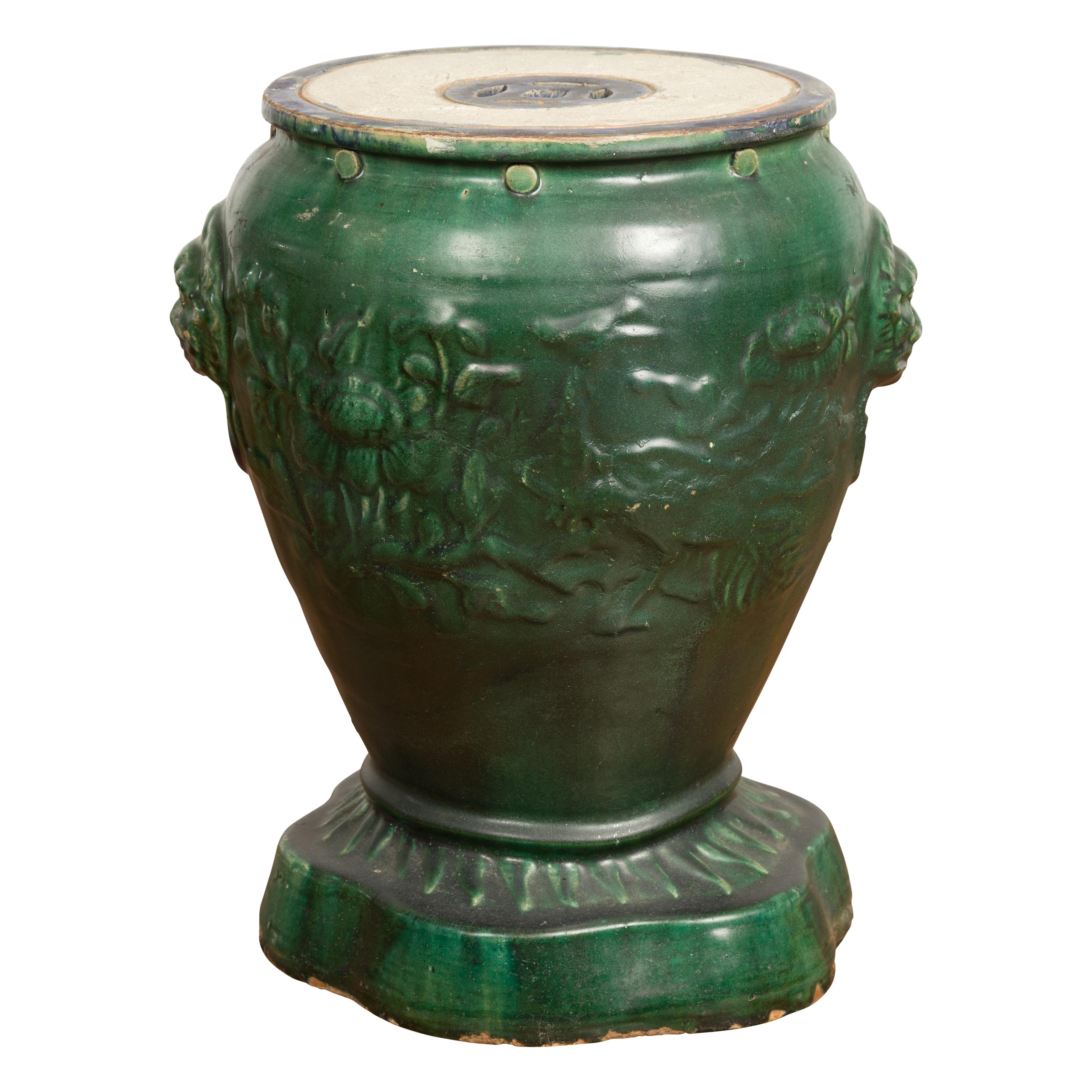 Siège de jardin antique en céramique émaillée verte Annamese sur base façonnée en vente 11