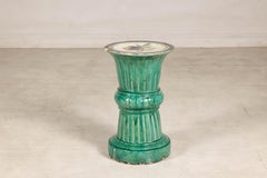 Antique Annamese Green Glazed Ceramic Pedestal with Floral Medallion