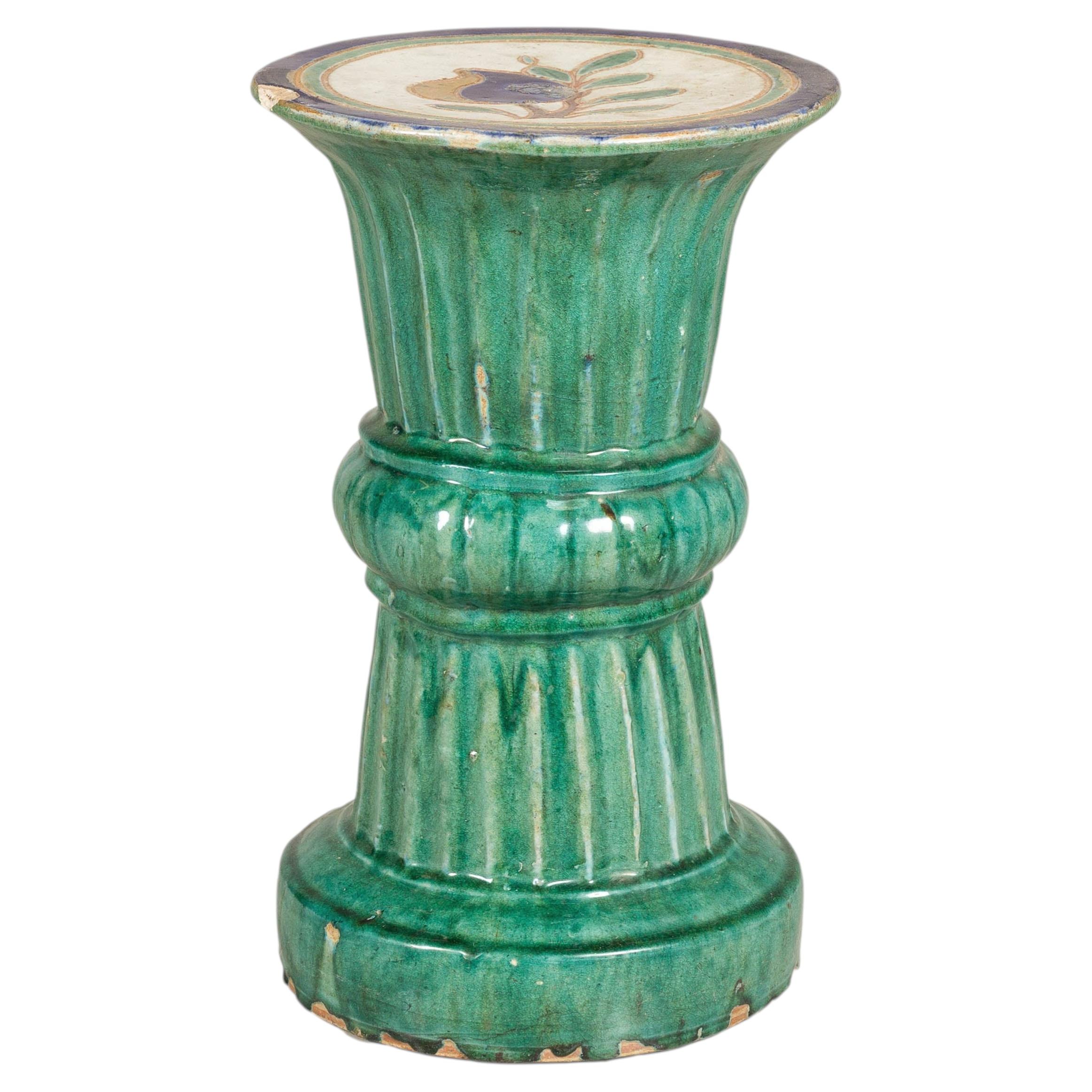 Antique Annamese Green Glazed Ceramic Pedestal with Floral Medallion