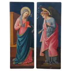 Antique Annunciation Icon Panel Paintings Virgin Mary & Archangel Gabriel 10"