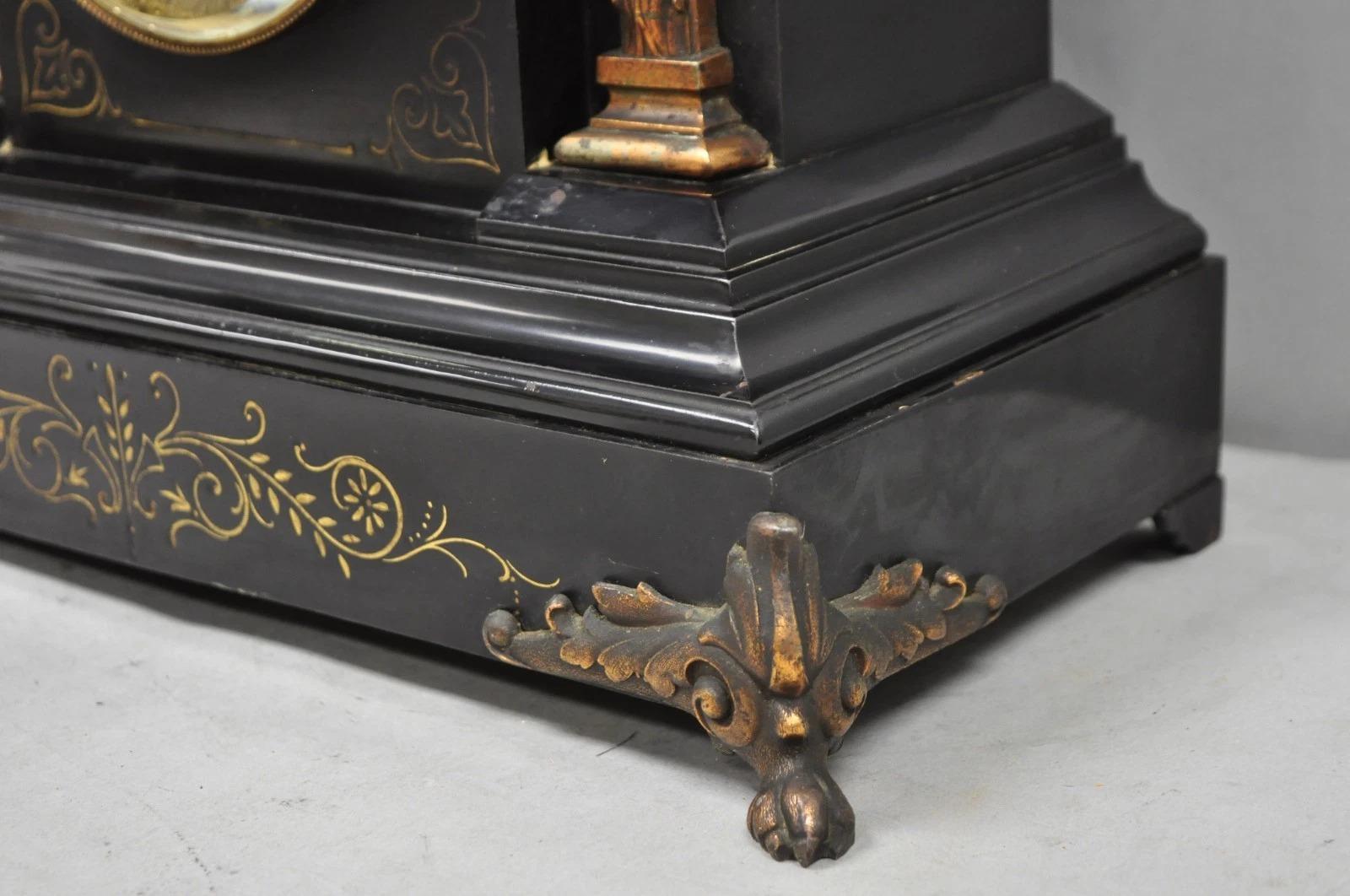 Antique Ansonia Black Mantel Clock with Bronze Coated Columns and Claw Feet For Sale 4
