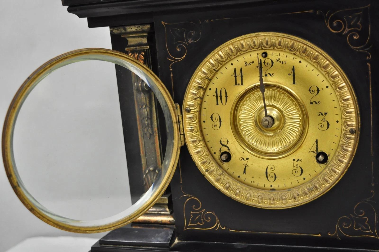 Antique Ansonia Black Mantel Clock with Bronze Coated Columns and Claw Feet For Sale 5