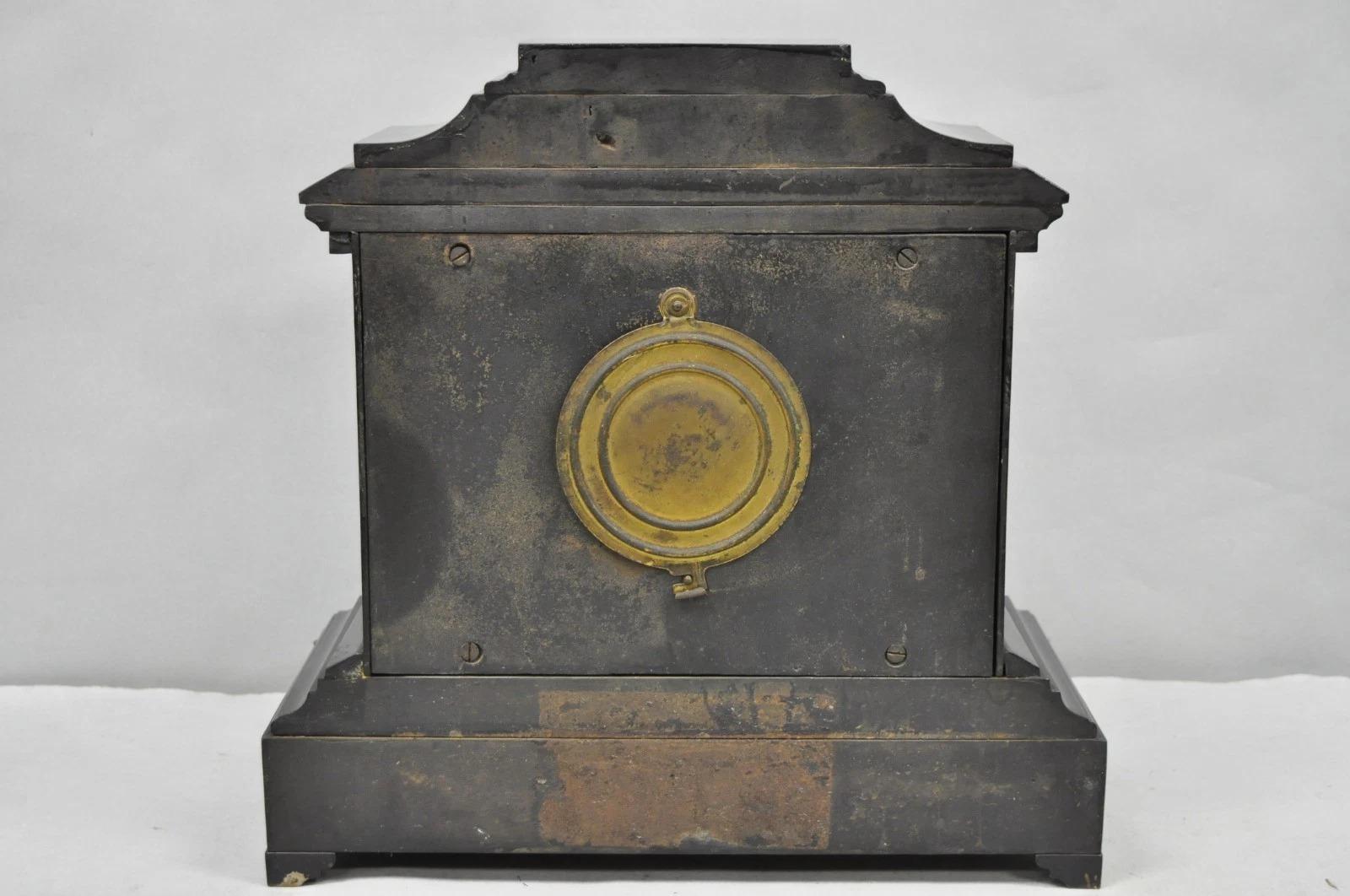 Antique Ansonia Black Mantel Clock with Bronze Coated Columns and Claw Feet For Sale 6