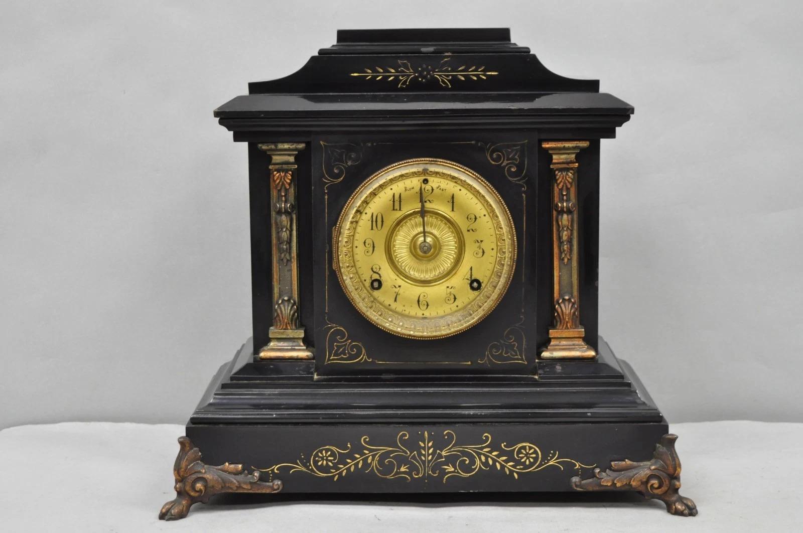 Antique Ansonia Black Mantel Clock with Bronze Coated Columns and Claw Feet For Sale 7