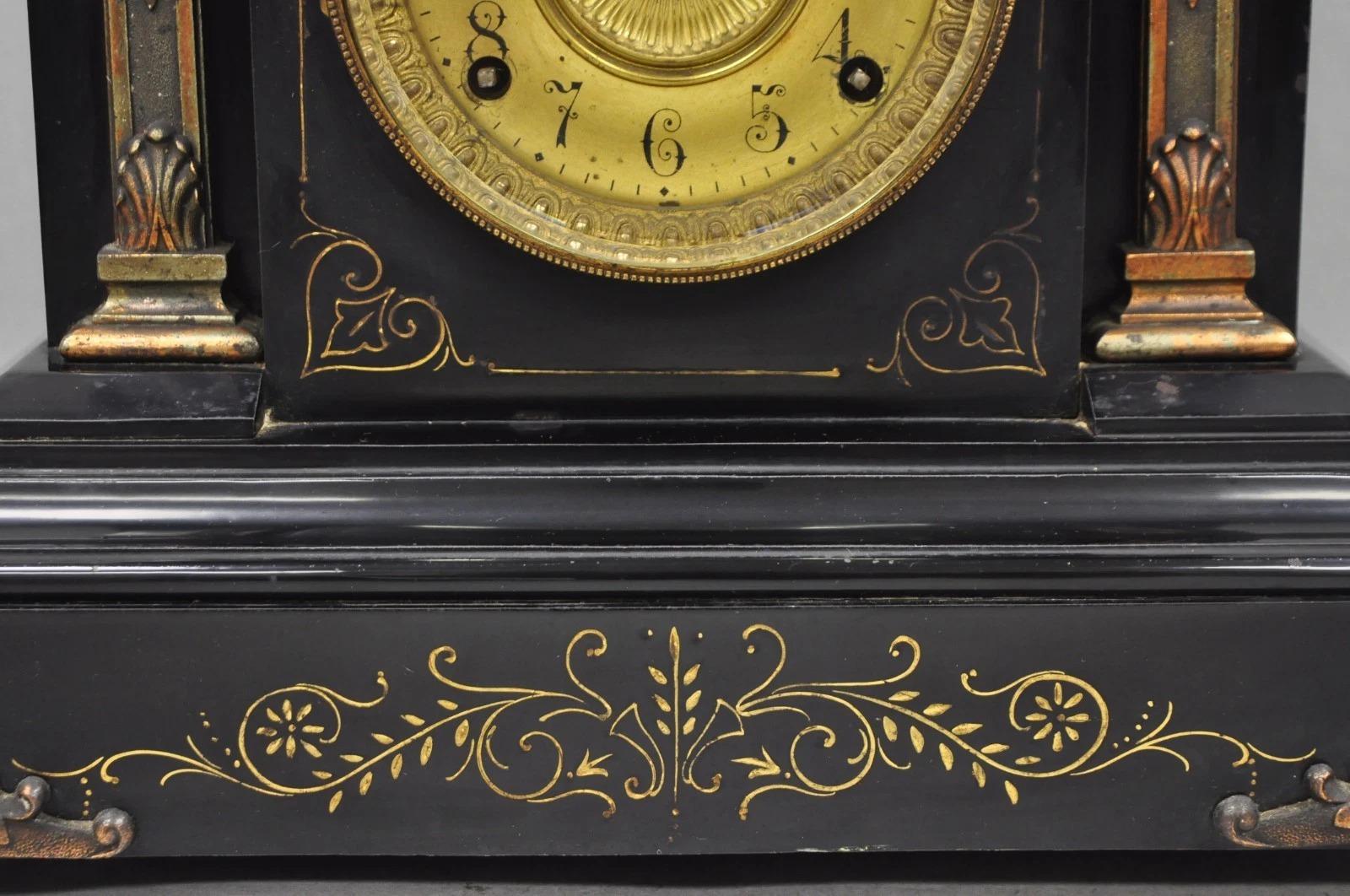 Antique Ansonia Black Mantel Clock with Bronze Coated Columns and Claw Feet For Sale 1