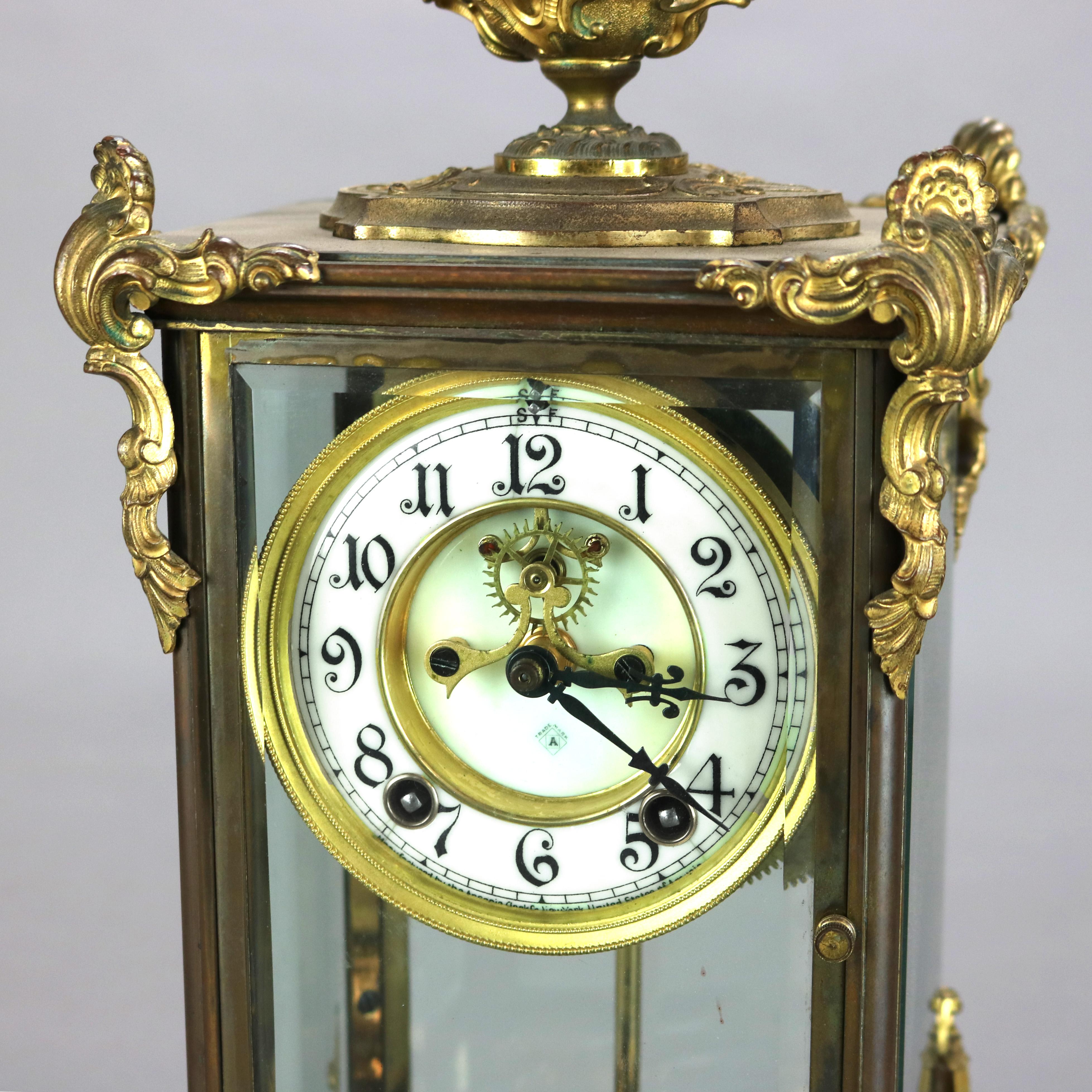 Antique Ansonia Brass, Bronze & Crystal Clock C1890 In Good Condition For Sale In Big Flats, NY