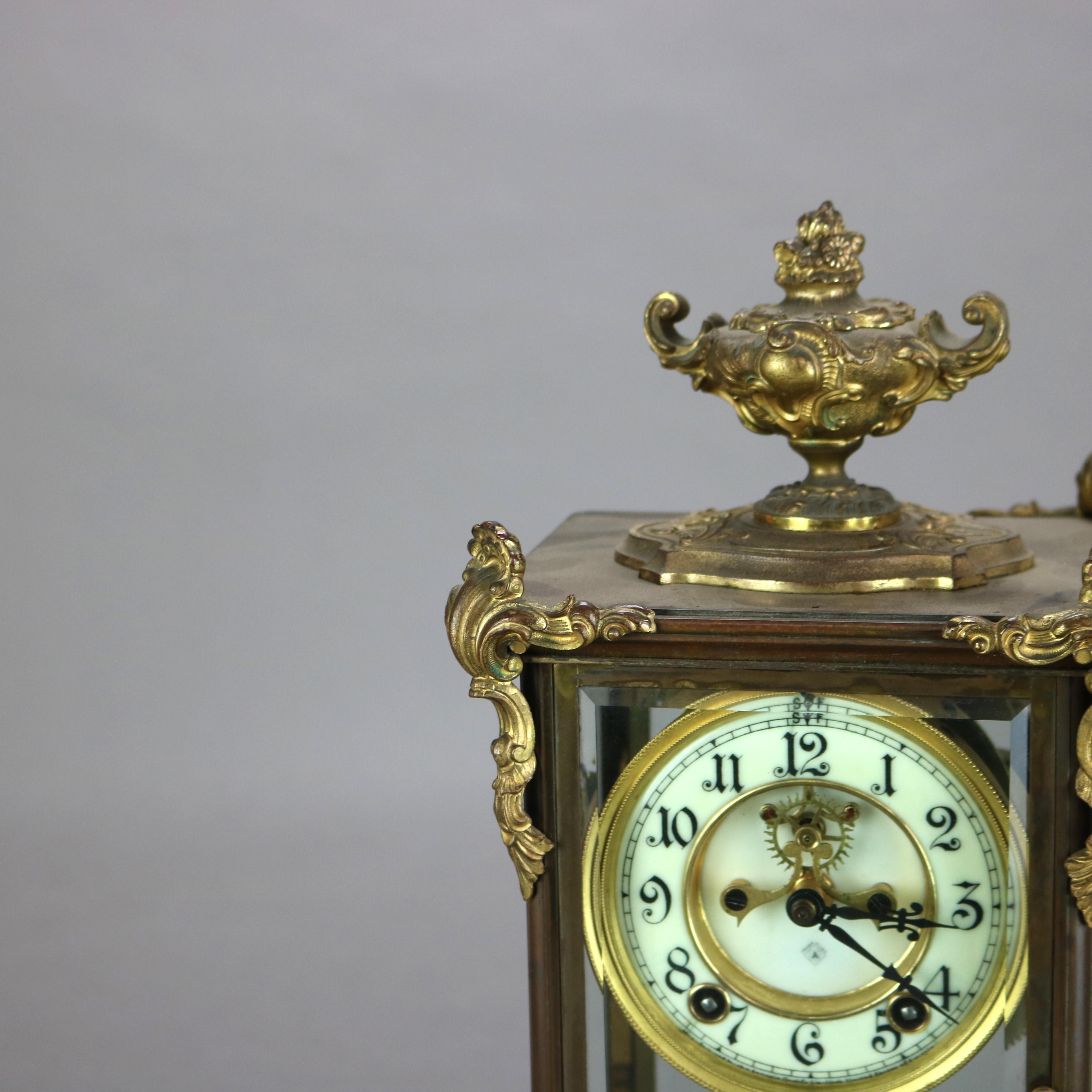 19th Century Antique Ansonia Brass, Bronze & Crystal Clock C1890 For Sale