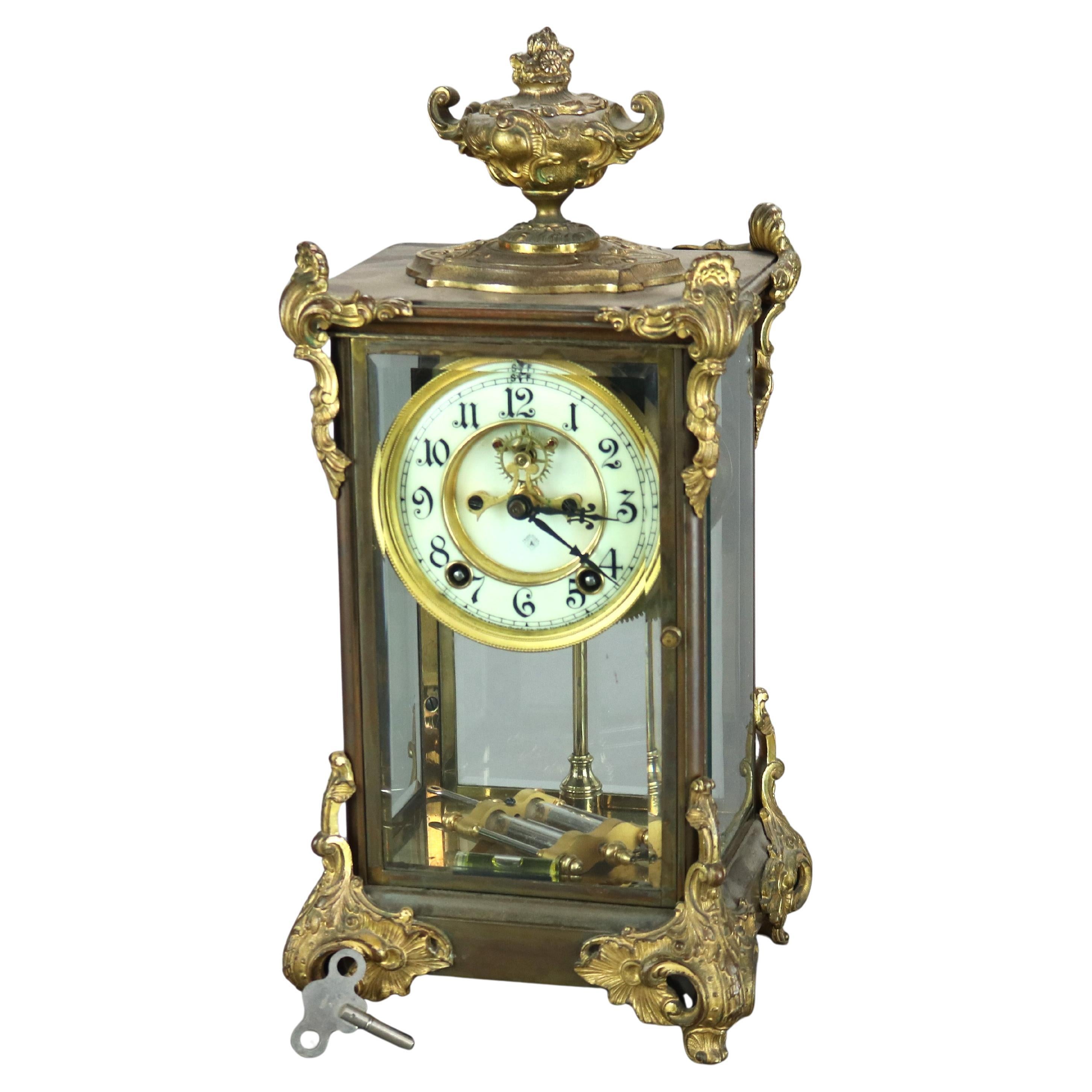 Antique Ansonia Brass, Bronze & Crystal Clock C1890
