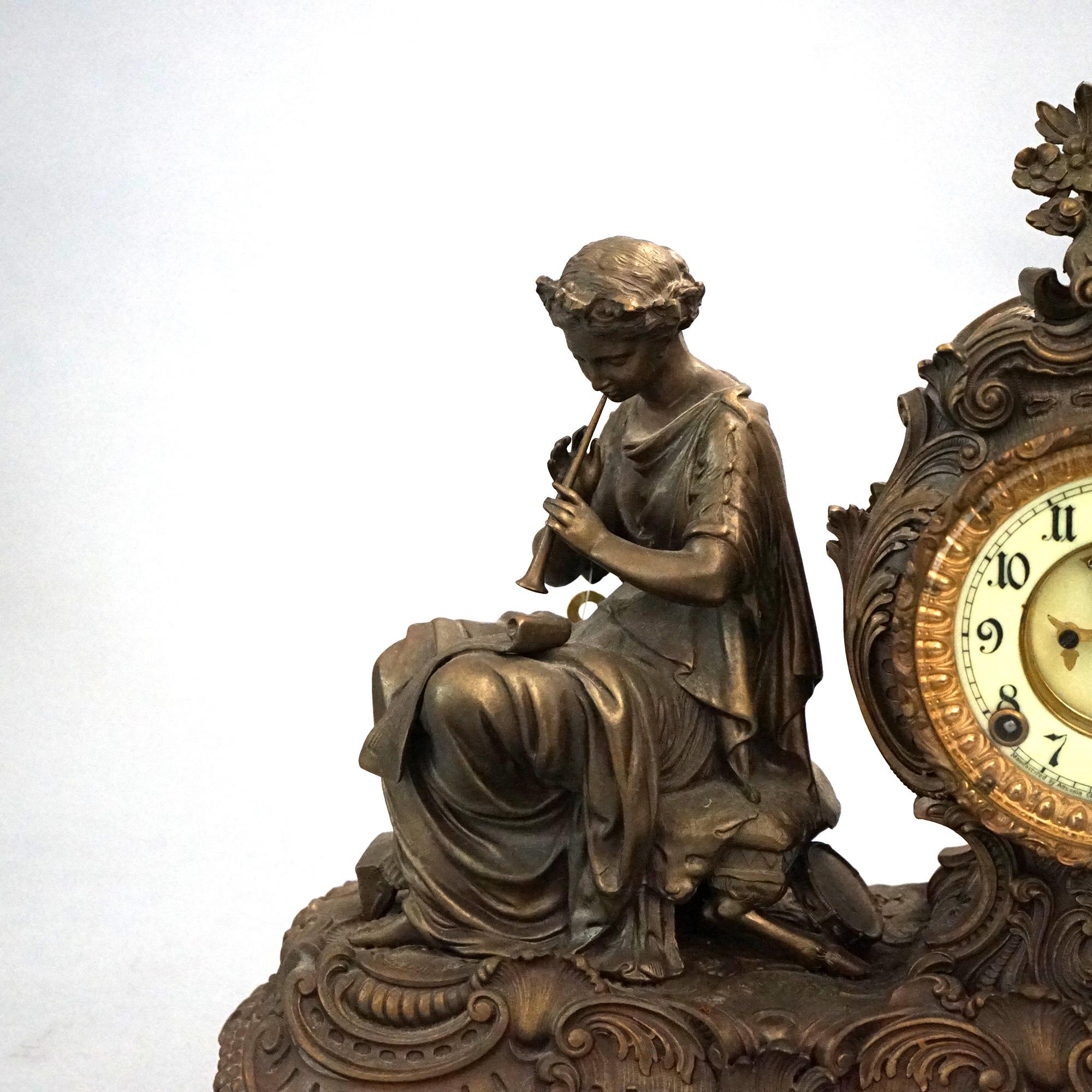 Antique Ansonia Bronzed Metal Figural Mantel Clock with Classical Woman C1890 In Good Condition In Big Flats, NY