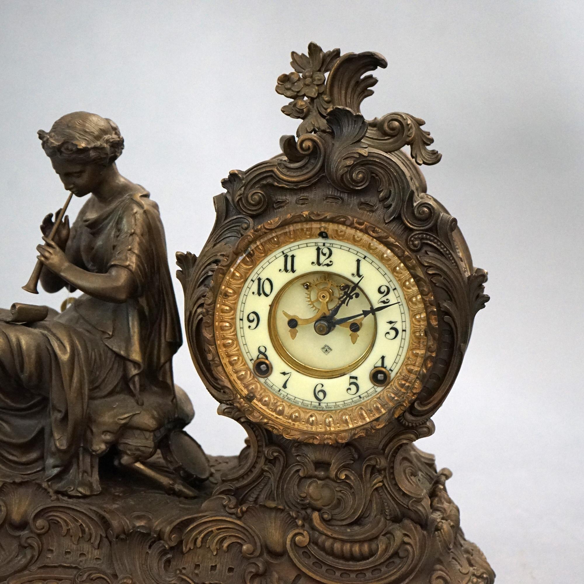 19th Century Antique Ansonia Bronzed Metal Figural Mantel Clock with Classical Woman C1890