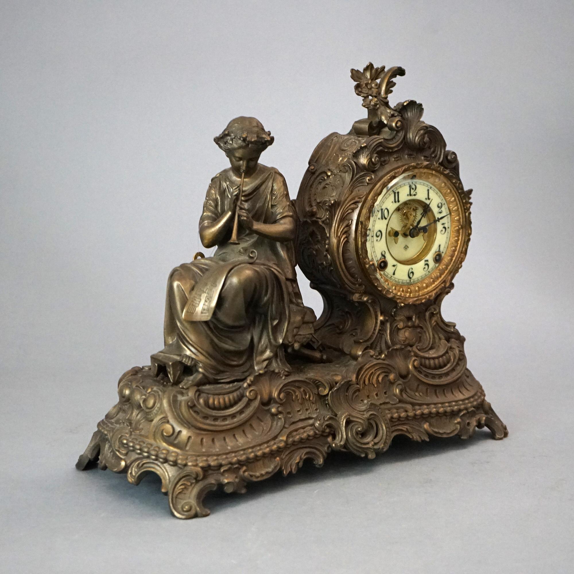 Antique Ansonia Bronzed Metal Figural Mantel Clock with Classical Woman C1890 1