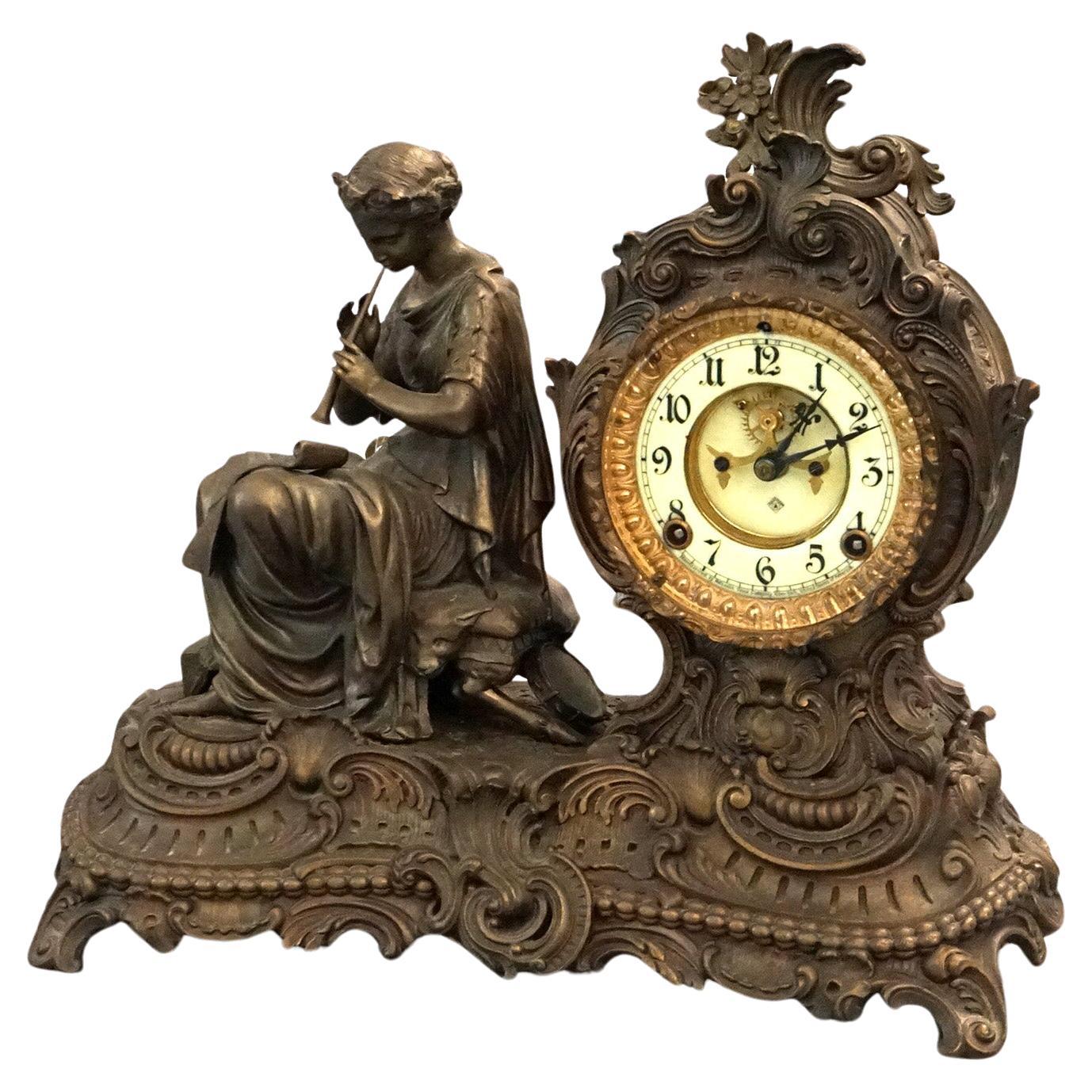 Antique Ansonia Bronzed Metal Figural Mantel Clock with Classical Woman C1890 For Sale