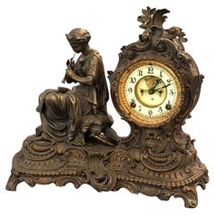 Antique Ansonia Bronzed Metal Figural Mantel Clock with Classical Woman C1890