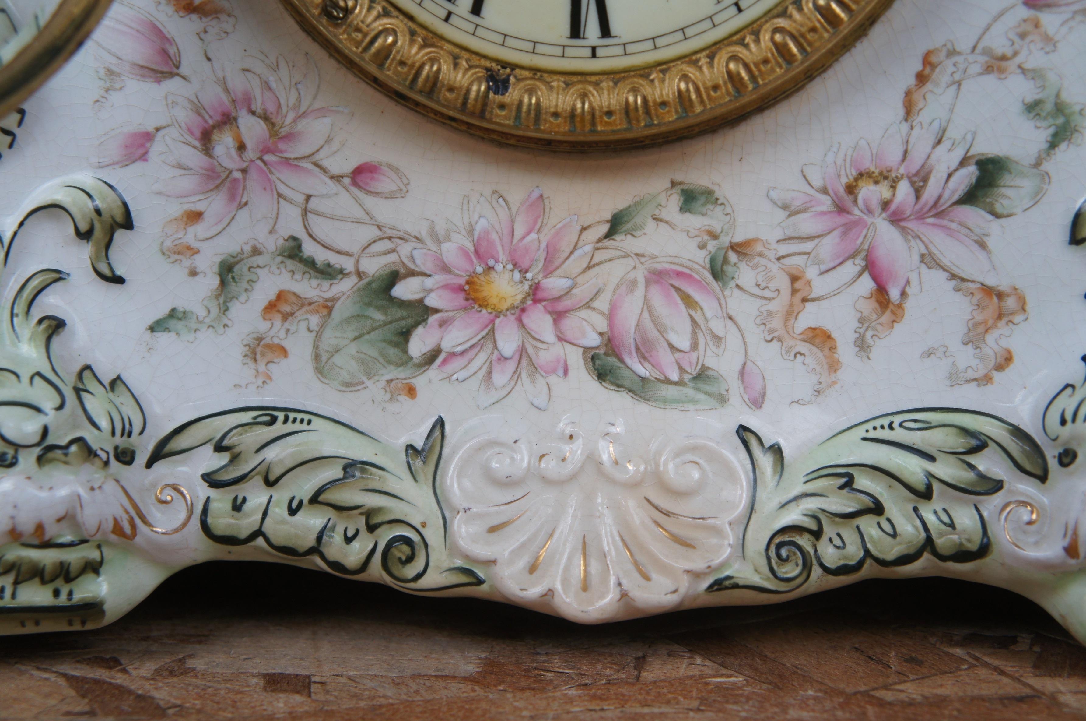 Antique Ansonia Osceola Porcelain Open Escapement Mantel Clock Royal Bonn 3